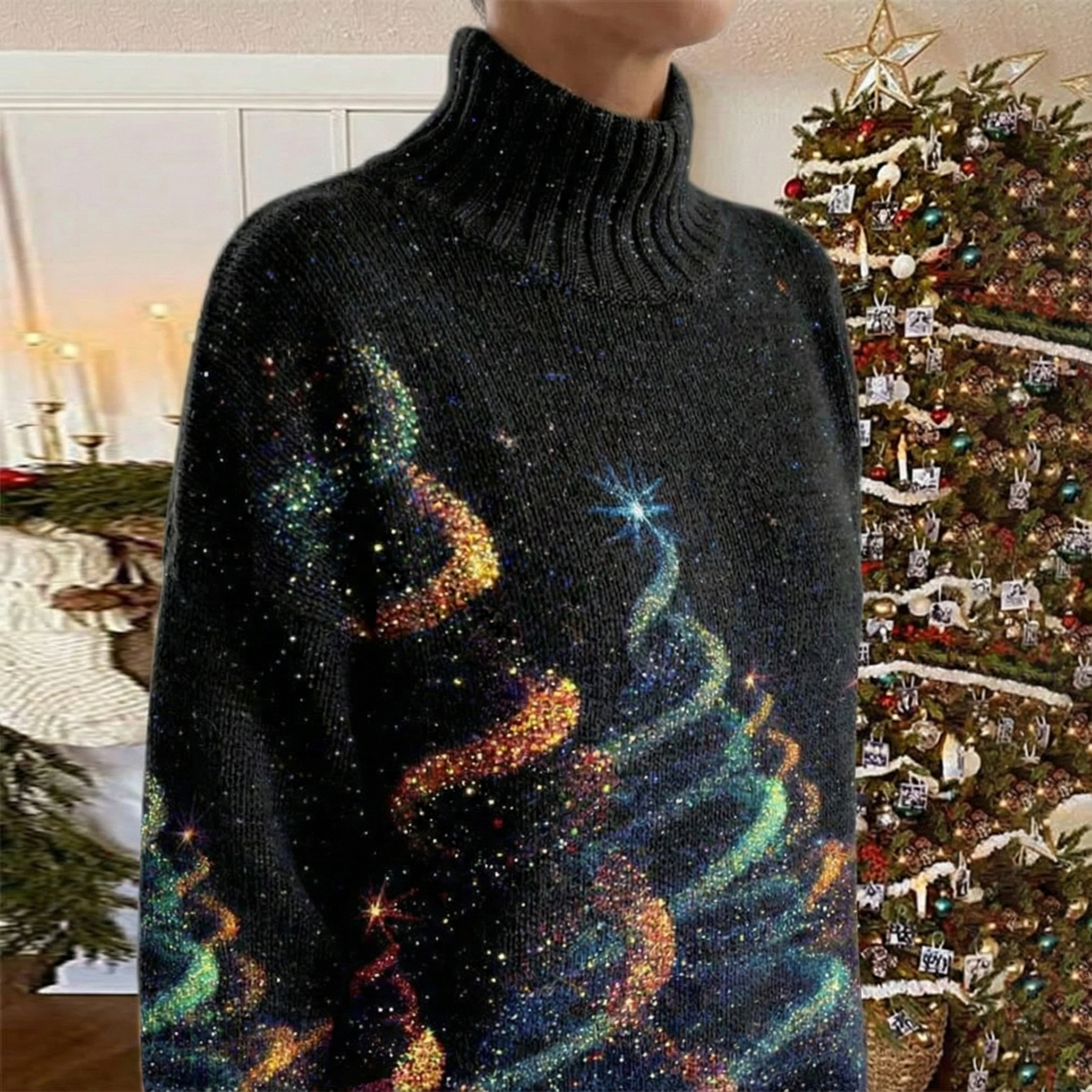Pull festif étoilé Danoir Paris, modèle FR1320, avec motifs brillants et design élégant, visible sur l'image.