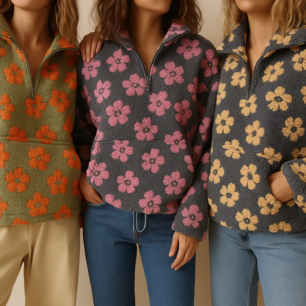 Pull-over oversize floral Maisy de Danoir Paris, douceur et motif floral coloré visible sur le modèle.
