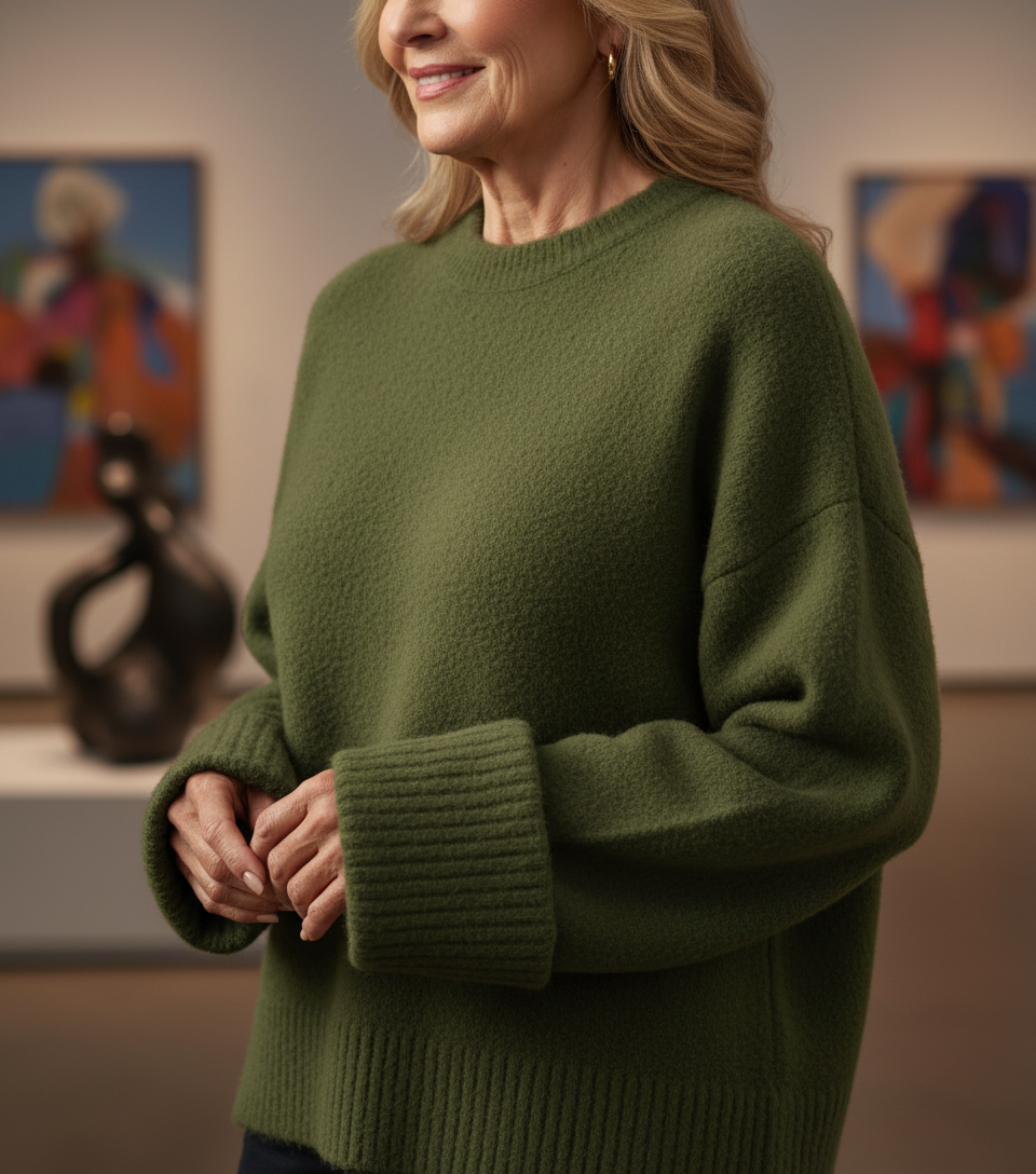 Pull doux et élégant Danoir Paris FR1326 en laine beige, porté par un mannequin dans un intérieur moderne.