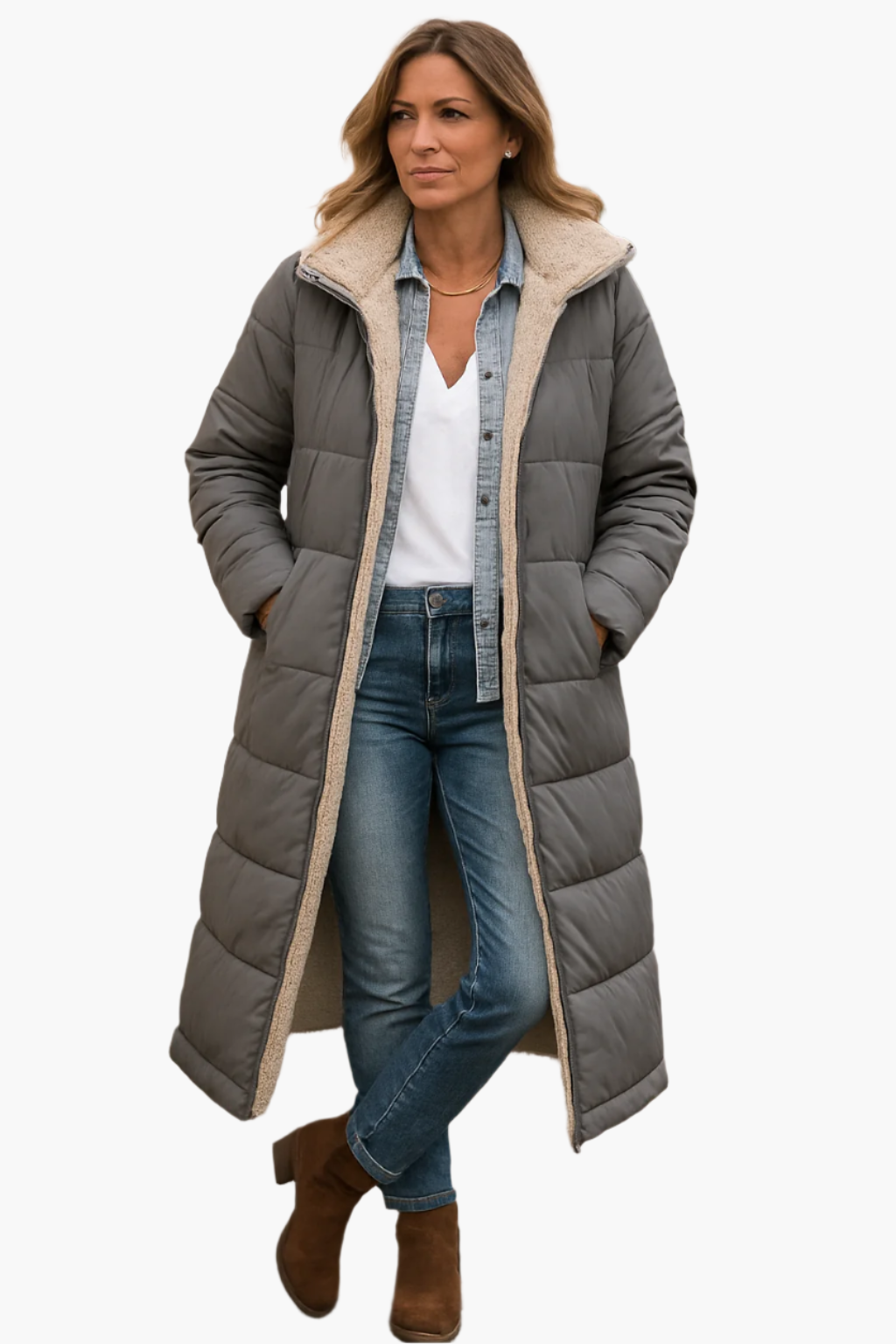 Manteau long beige Danoir Paris Paige FR1336 en tissu douillet, porté sur un mannequin, détails de la coupe et de la texture visible.