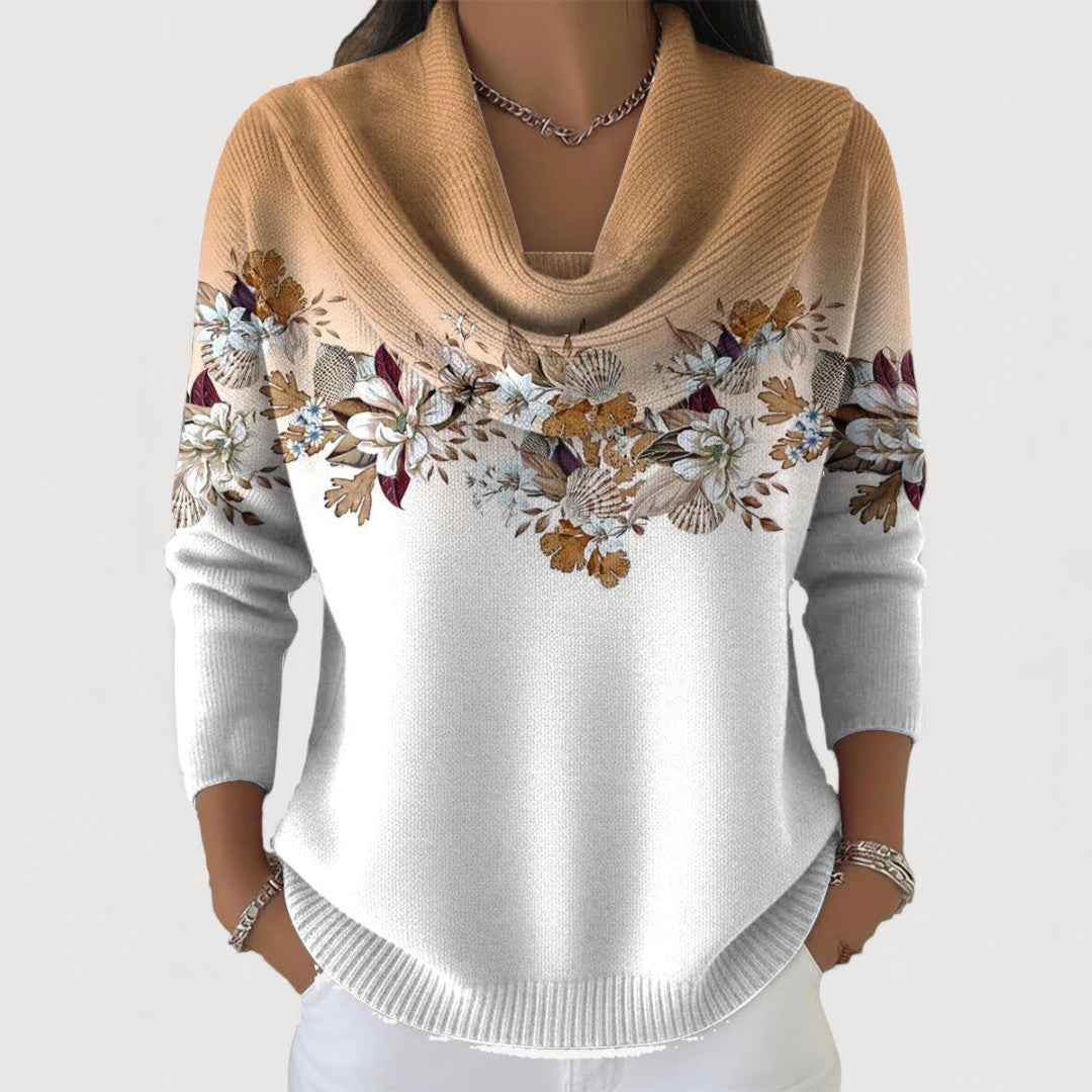 Pull floral élégant Alora de Danoir Paris, en tissu léger avec motif floral coloré, porté sur mannequin.