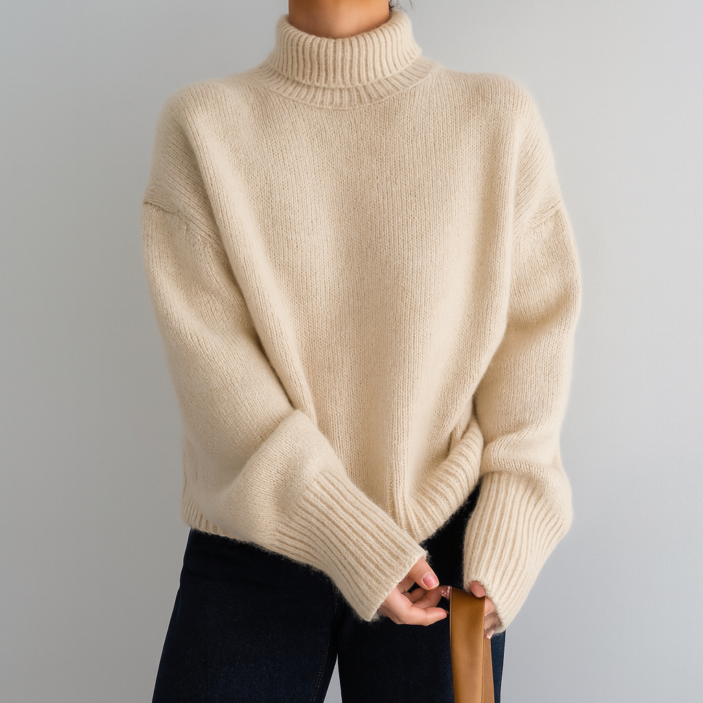 Pull oversize en cachemire beige Candice de Danoir Paris, doux et confortable, affiché sur un mannequin.