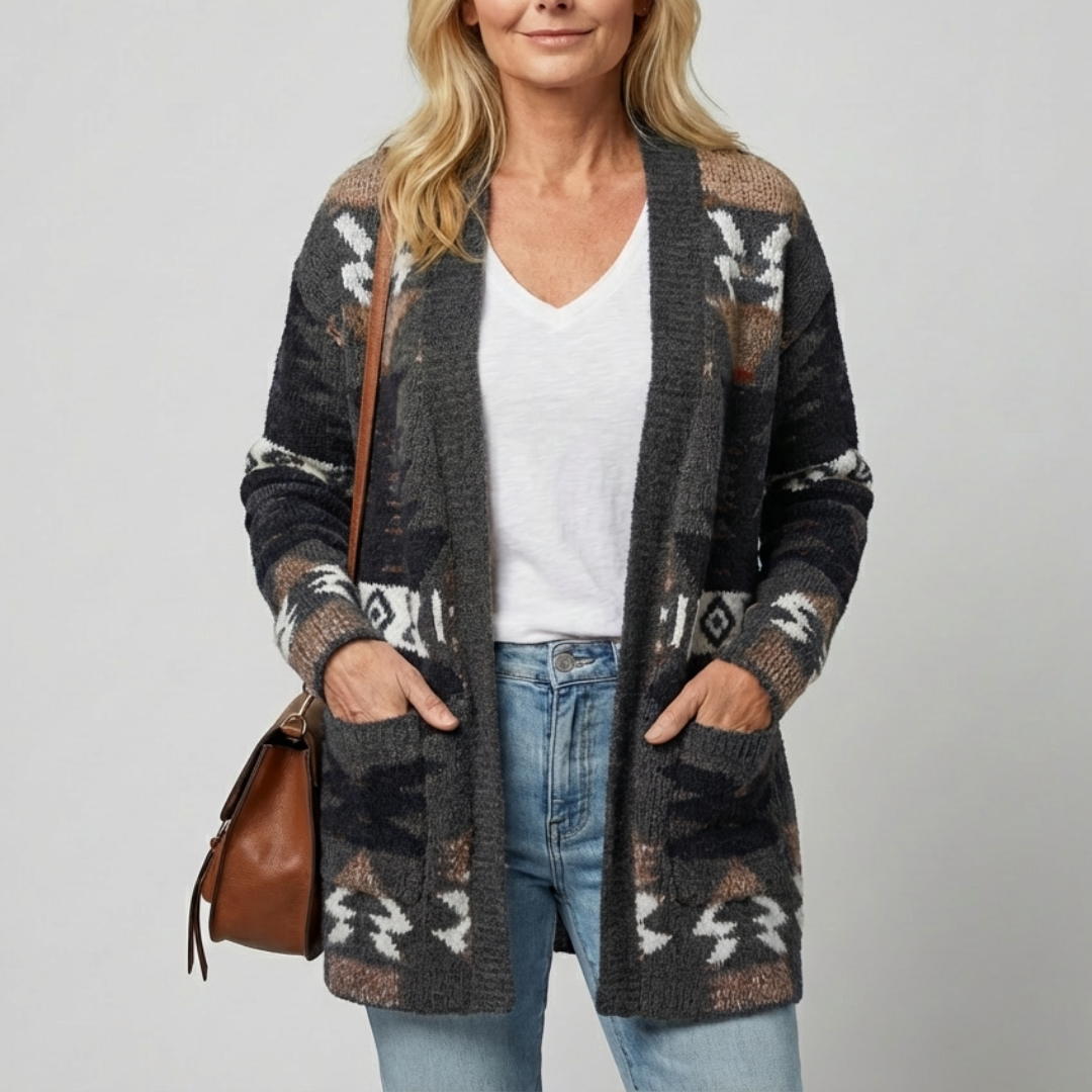 Cardigan élégant Campbell Azteque Danoir Paris, en tissu chaud avec motif aztèque, porté sur un modèle.