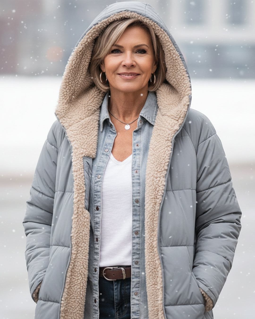Manteau réversible élégant Eleanor de Danoir Paris, en tissu chic, porté en extérieur, montrant les deux côtés du design sophistiqué.