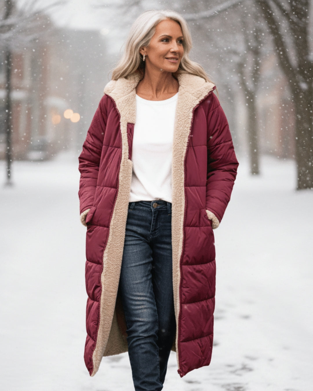 Manteau réversible élégant Eleanor de Danoir Paris, en vert olive, porté par un mannequin, style sophistiqué et chic.