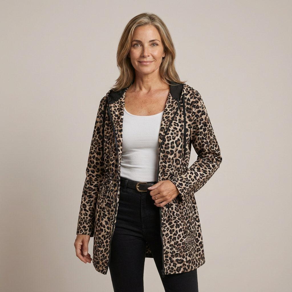 Manteau léopard élégant Danoir Paris Léa, coupe sophistiquée en tissu à motif animalier, porté sur un fond neutre.