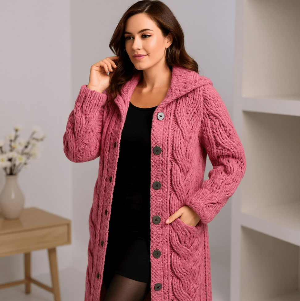 Manteau tricoté élégant Marylin de Danoir Paris, coupe cosy et sophistiquée, porté avec détails en maille.