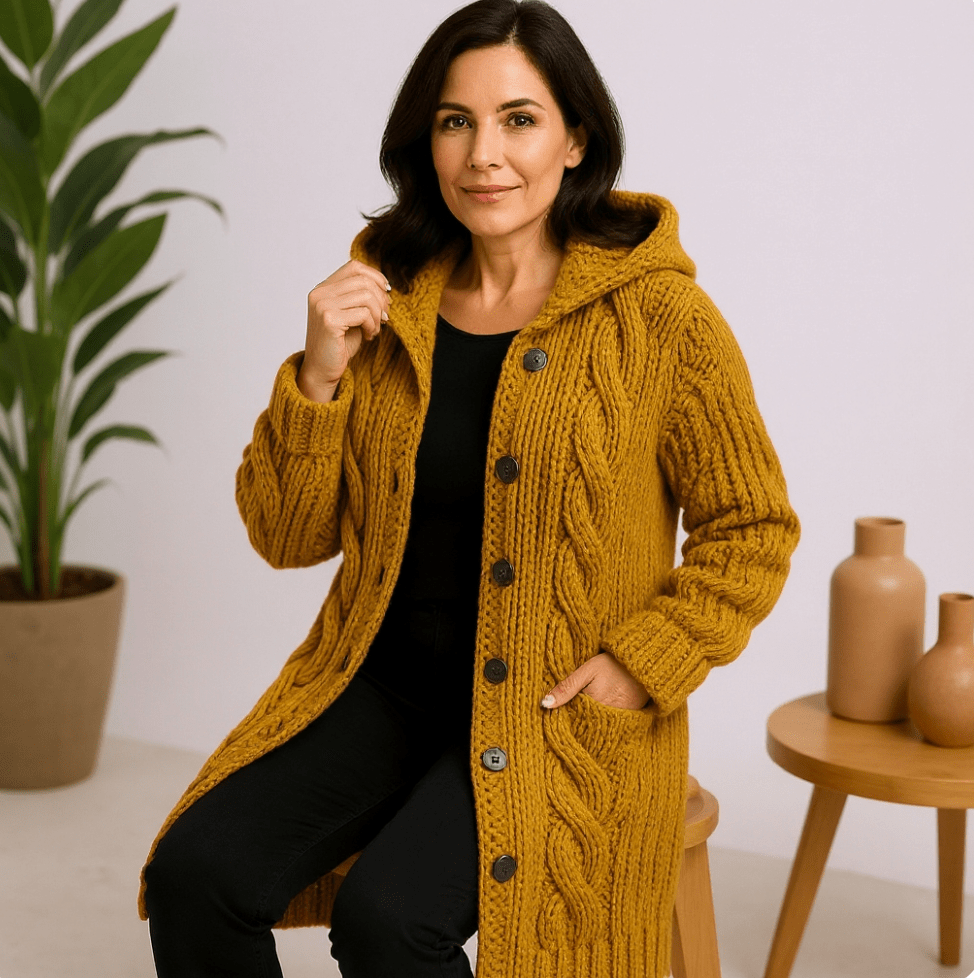 Manteau tricoté élégant Marylin de Danoir Paris, coupe cosy et moderne, en tissu doux et chaud pour femme.