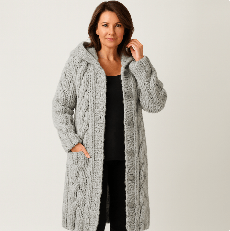 Manteau tricoté élégant Marylin de Danoir Paris en bleu, veste confortable et chic pour femmes.