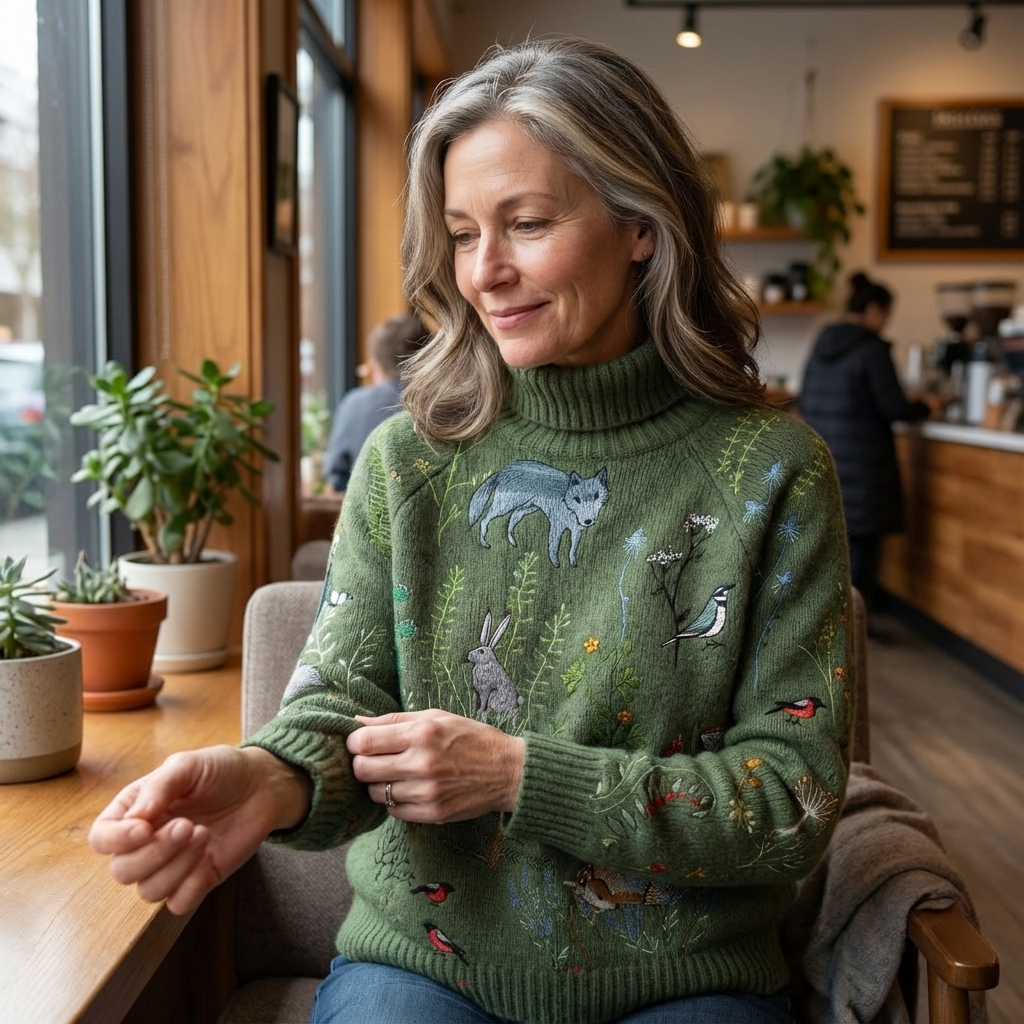 Pull Donna Danoir Paris, doux et décontracté, en laine mérinos beige avec col en V et manches longues, porté sur mannequin.