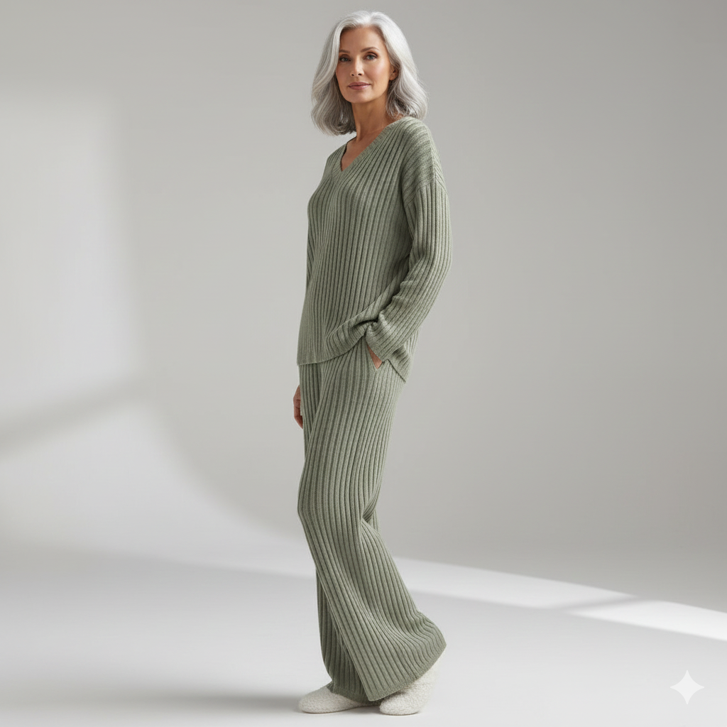 Ensemble de détente élégant Elin de Danoir Paris, tissu doux et moderne, porté par mannequin dans une pièce lumineuse.