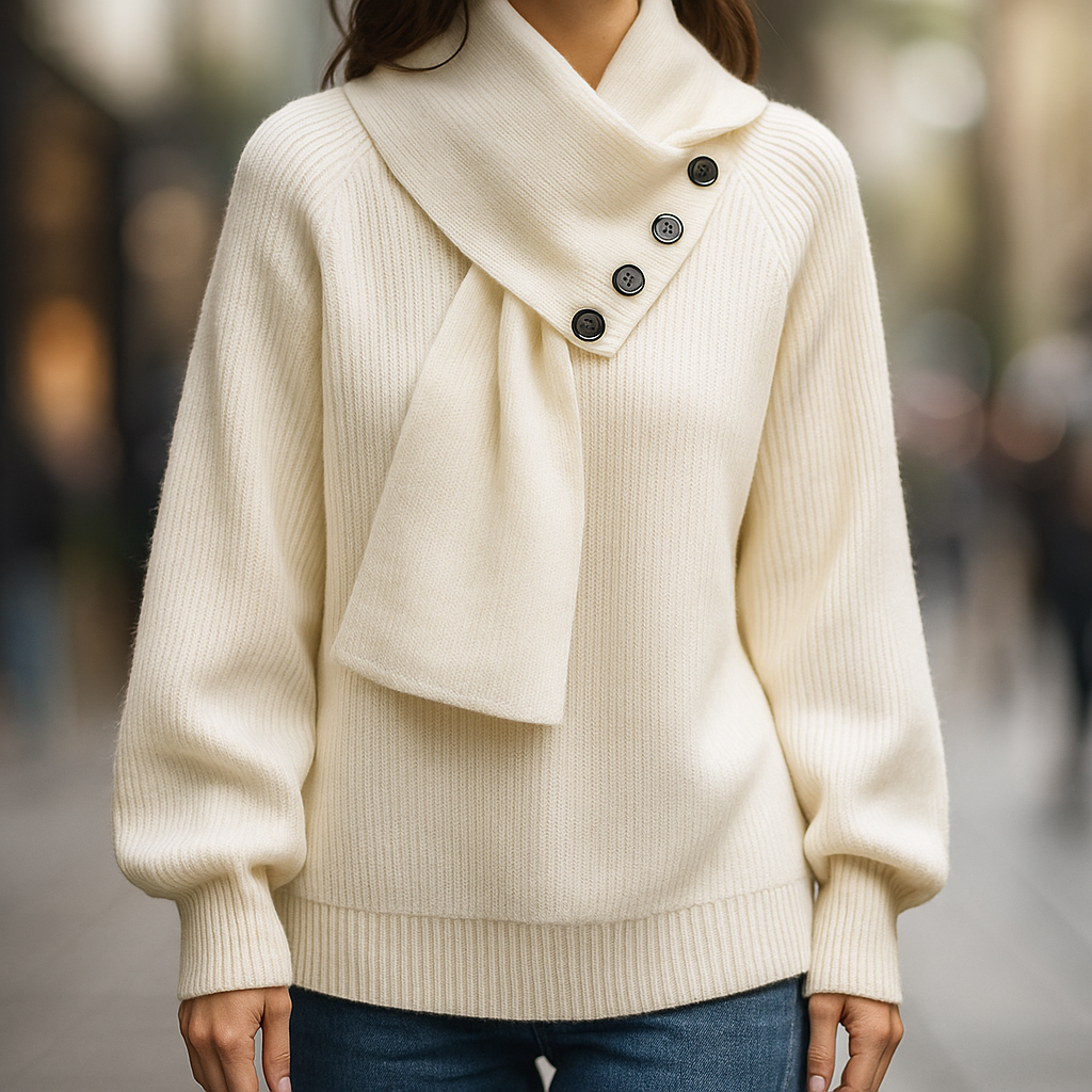 Pull Arielle Danoir Paris avec écharpe élégante, porté dans une scène urbaine, style sophistiqué et tendance.