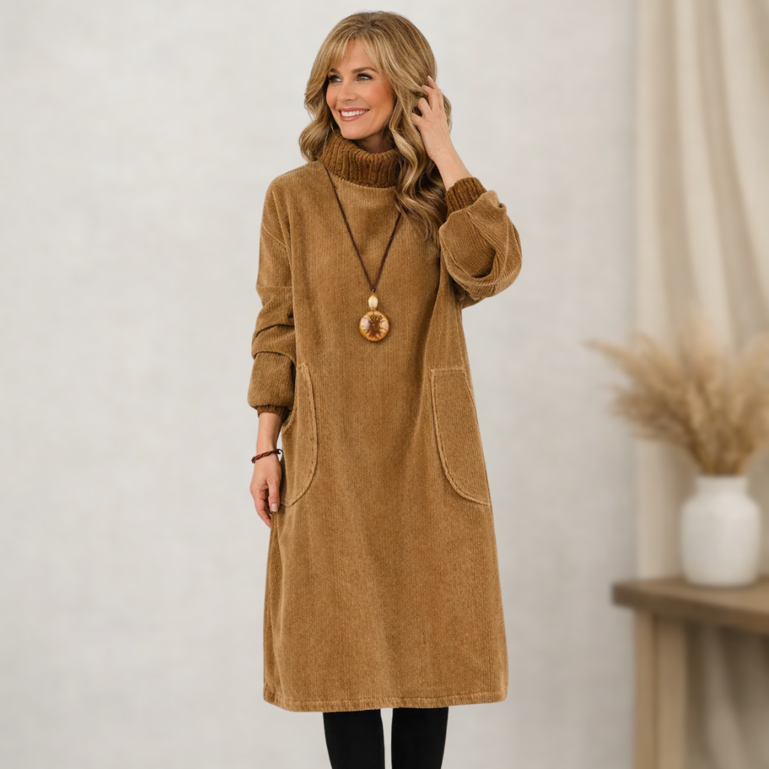 Robe midi élégante et confortable Jennie de Danoir Paris, vue de face avec détails de tissu fluide et ceinture à la taille.