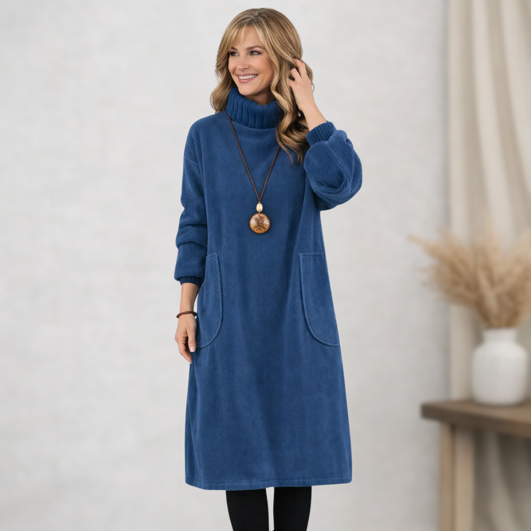 Robe midi Danoir Paris Jennie, élégante et confortable, avec coupe fluide et détails sophistiqués, portée en situation décontractée.