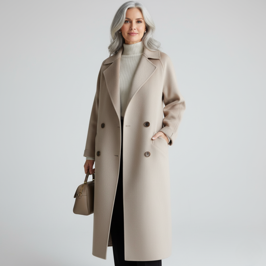 Manteau élégant Maeve de Danoir Paris, style intemporel, en tissu chic, porté par un mannequin dans une pièce lumineuse.