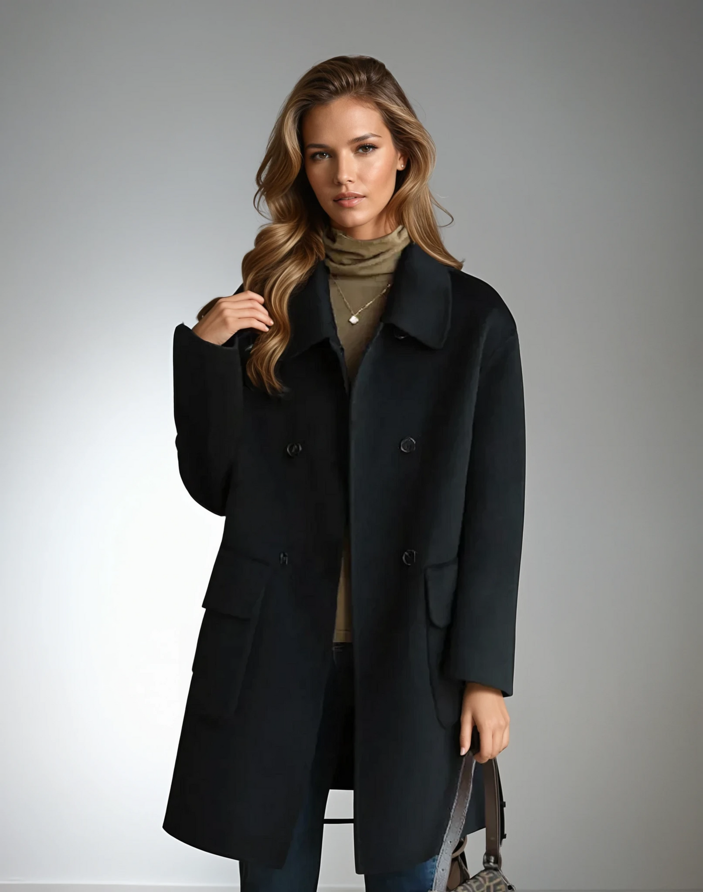 Manteau cachemire élégant Megan de Danoir Paris, coupe raffinée, coloris neutre, porté sur un mannequin.