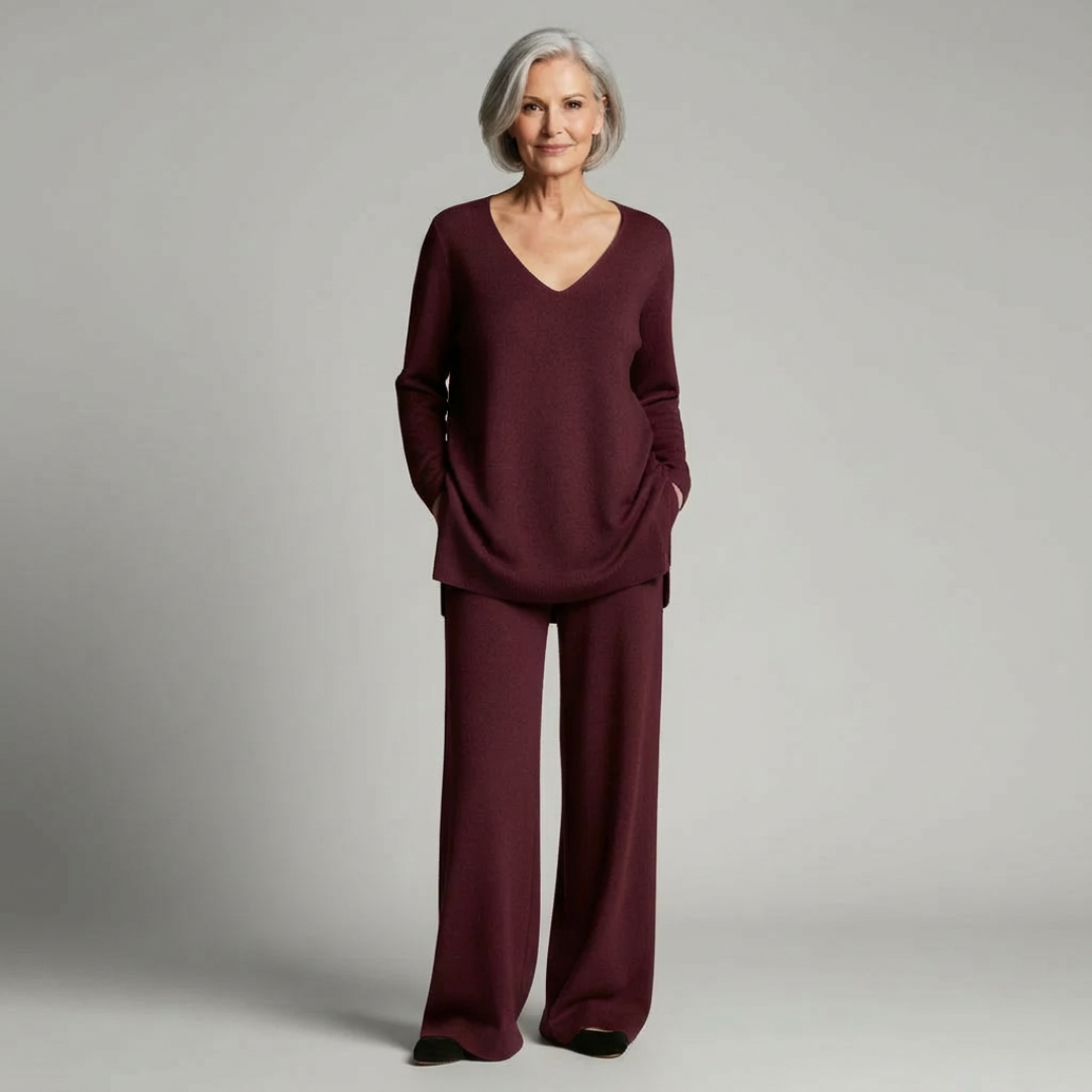 Ensemble confortable Anny de Danoir Paris, élégant et décontracté, composé d’un haut et d’un bas en tissu doux, vue de l’image.