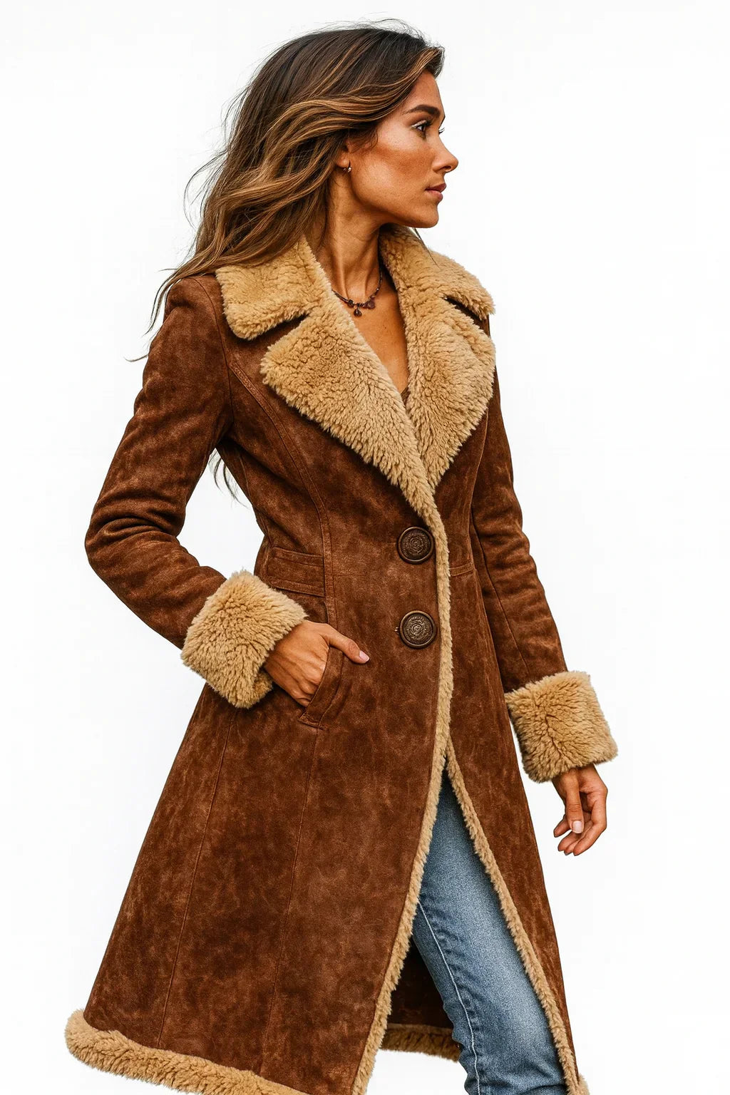 Manteau vintage élégant Danoir Paris Edda, finition sophistiquée, tissu chaud, style classique, porté par un mannequin.