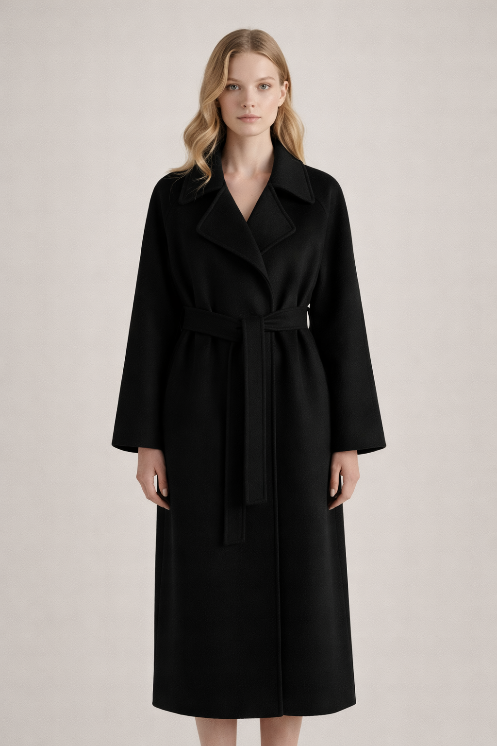 Manteau élégant pour femmes Luise de Danoir Paris, tissu chaud et sophistiqué, porté sur un fond neutre.