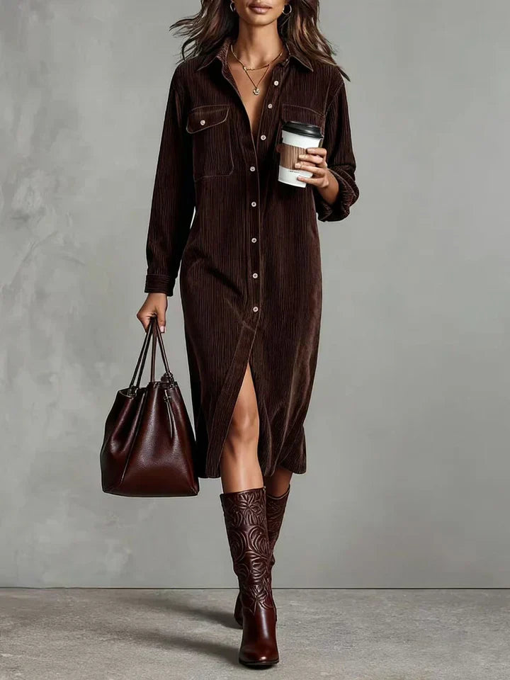 Robe décontractée Sophie de Danoir Paris, élégante et confortable, en tissu fluide, couleur neutre, portée avec accessoires.