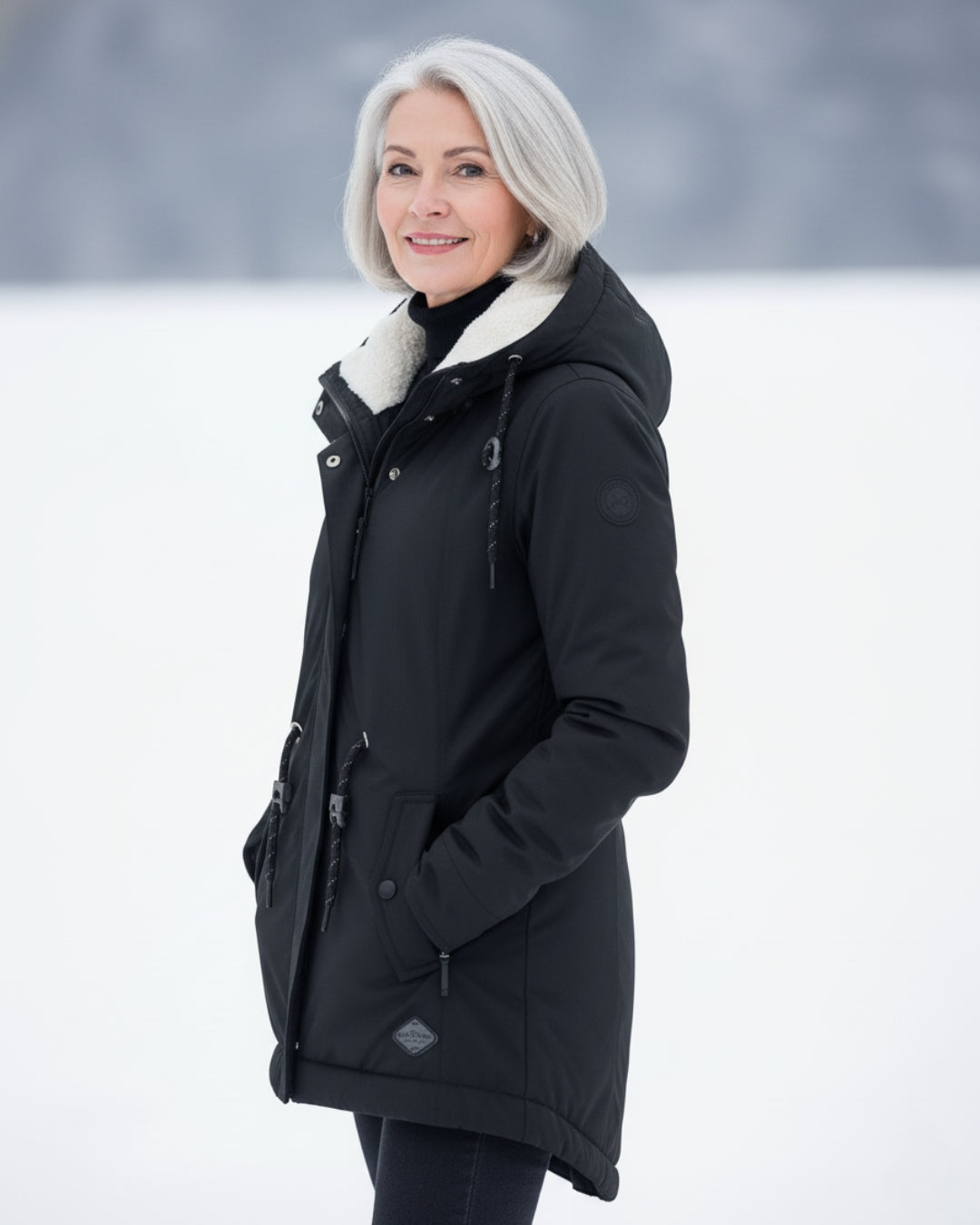 Manteau d'hiver élégant Danoir Paris FR1557 en noir, tissu chaud et sophistiqué, porté par un mannequin.