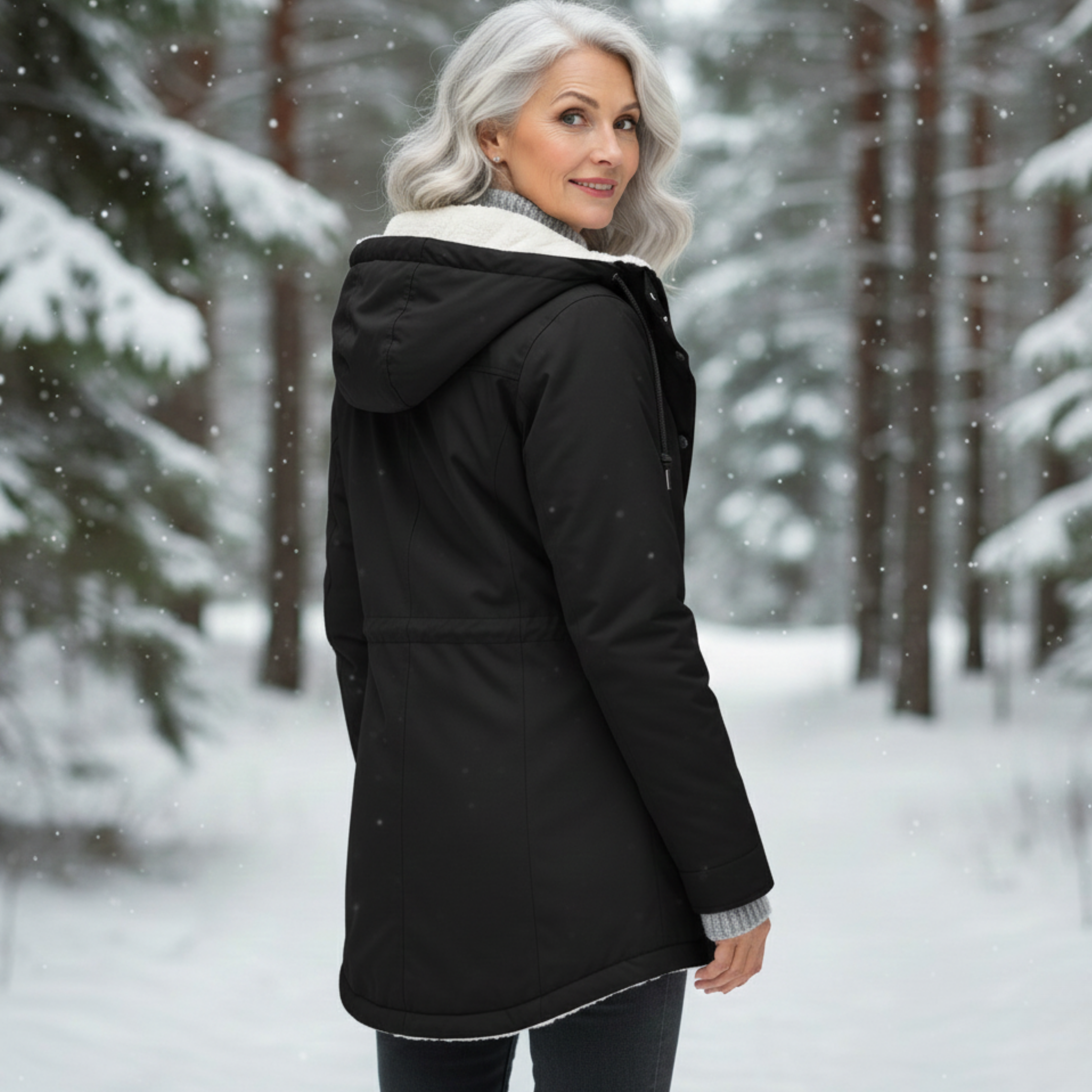Veste hivernale élégante Danoir Paris Adeline en tissu chaud, coupe ajustée, coloris neutre, détails sophistiqués, vue de face.