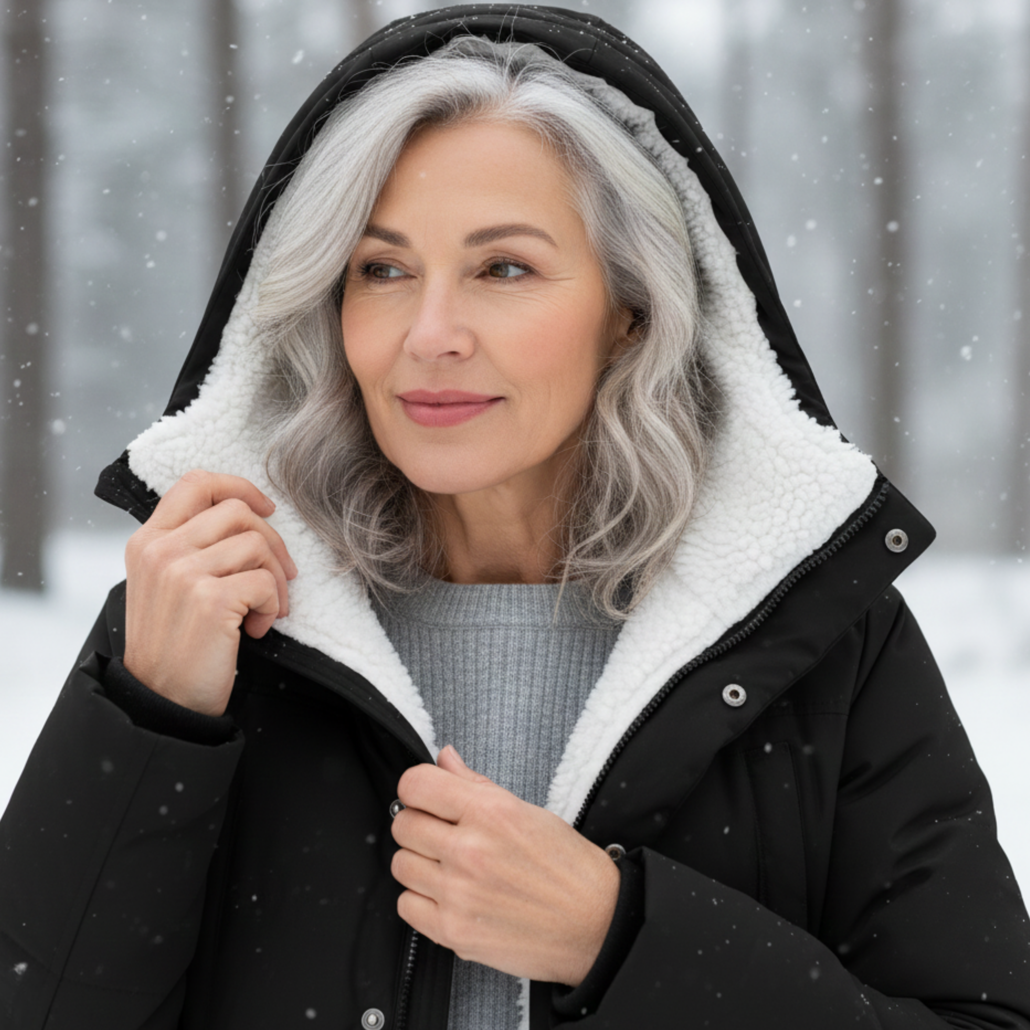 Veste élégante hivernale Adeline de Danoir Paris, coupe ajustée, en tissu chaud, couleur neutre, vue de face.
