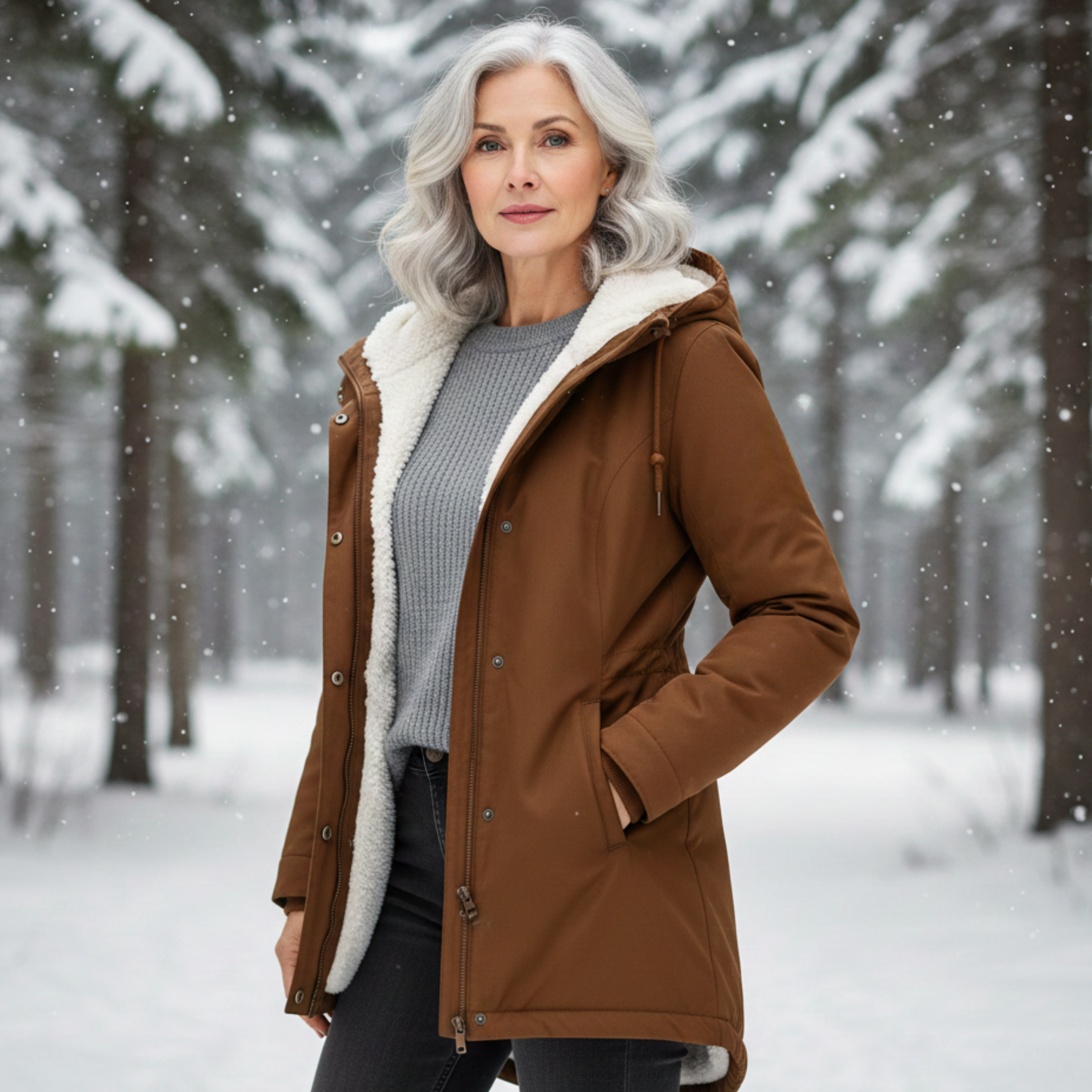 Veste élégante d'hiver Adeline de Danoir Paris, en tissu chaud avec col en fourrure synthétique, portée sur mannequin.