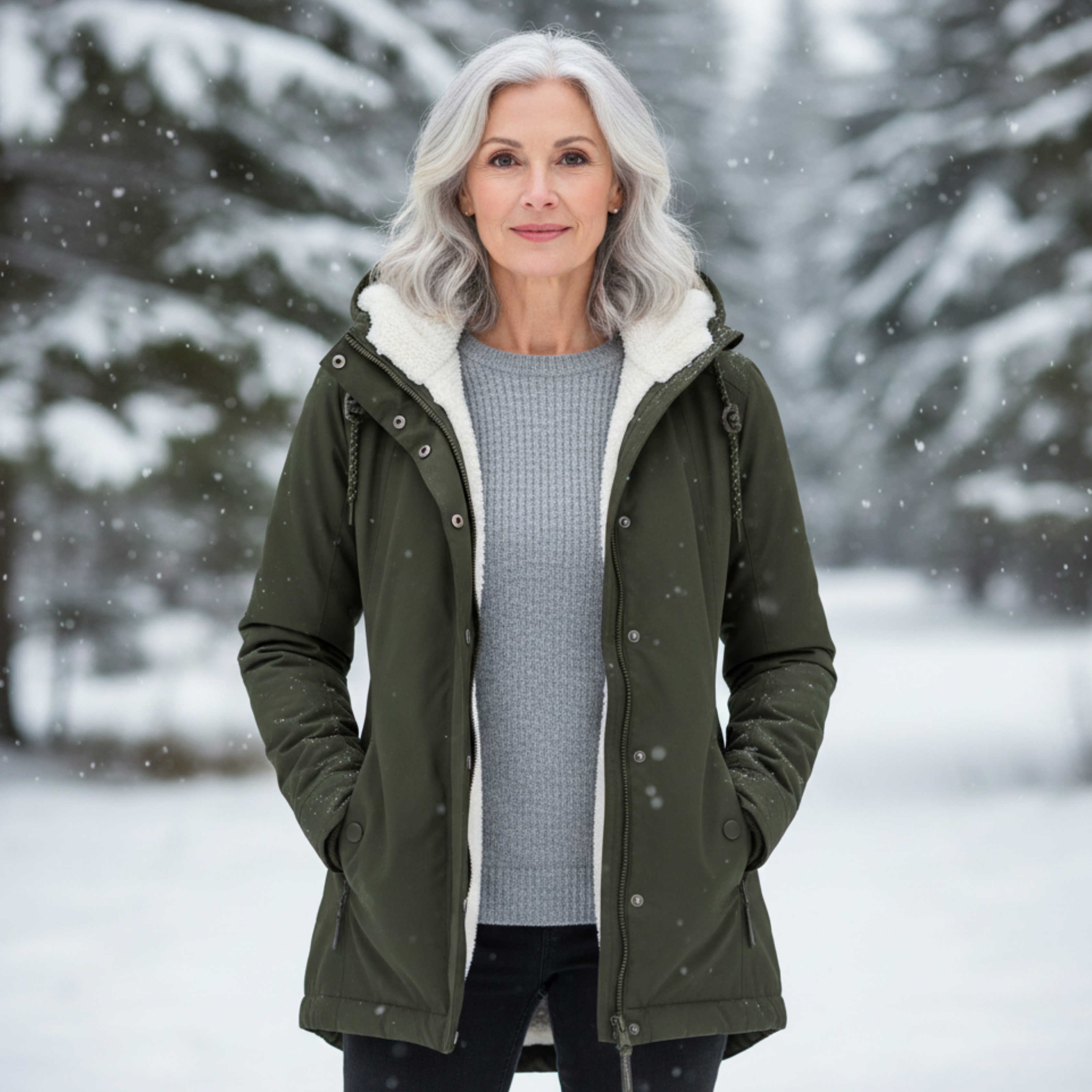 Veste élégante d'hiver Adeline de Danoir Paris, avec détails sophistiqués et coupe moderne, portée sur un fond neutre.
