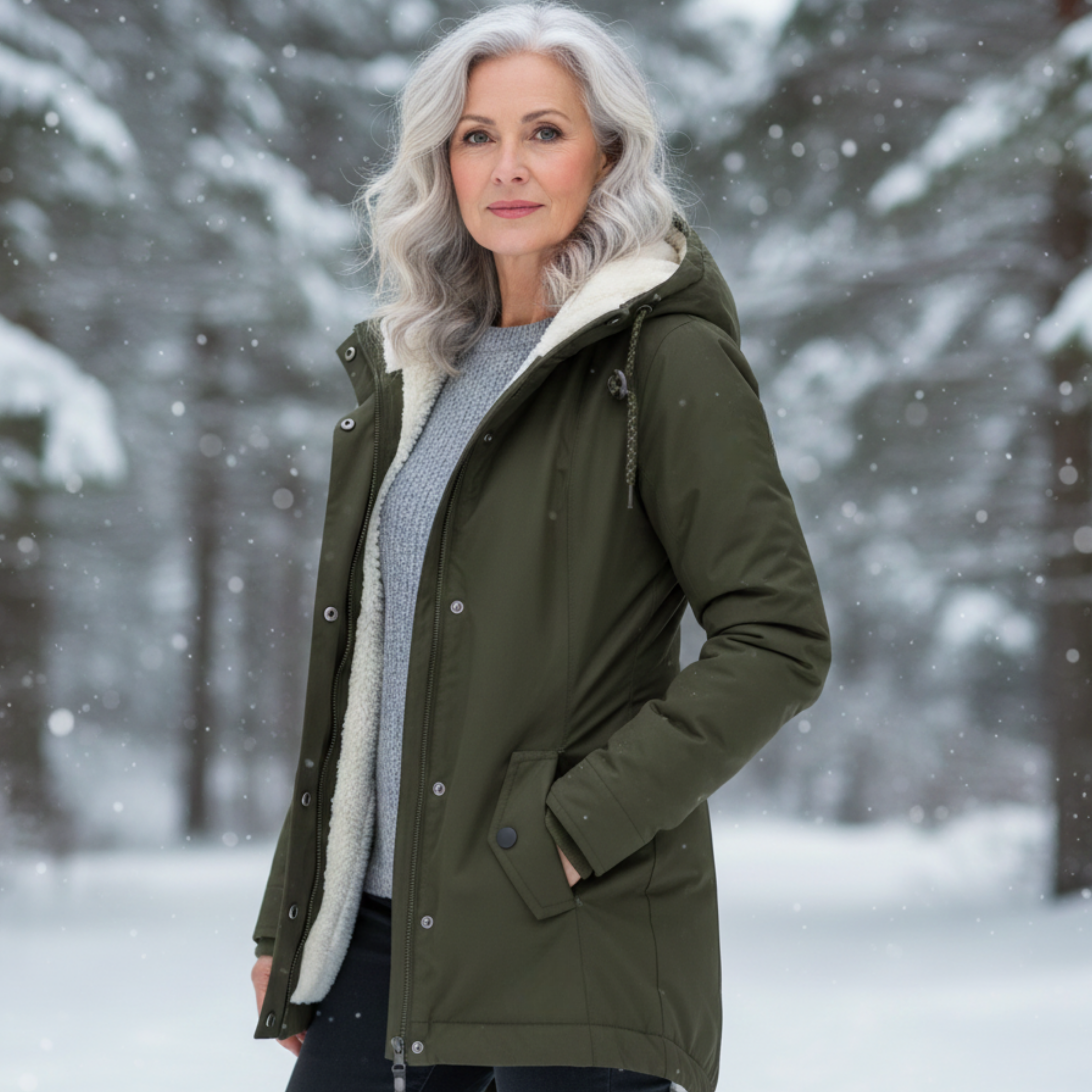 Veste élégante hivernale Adeline de Danoir Paris, coupe ajustée, doublure chaude, couleur neutre, détails sophistiqués.