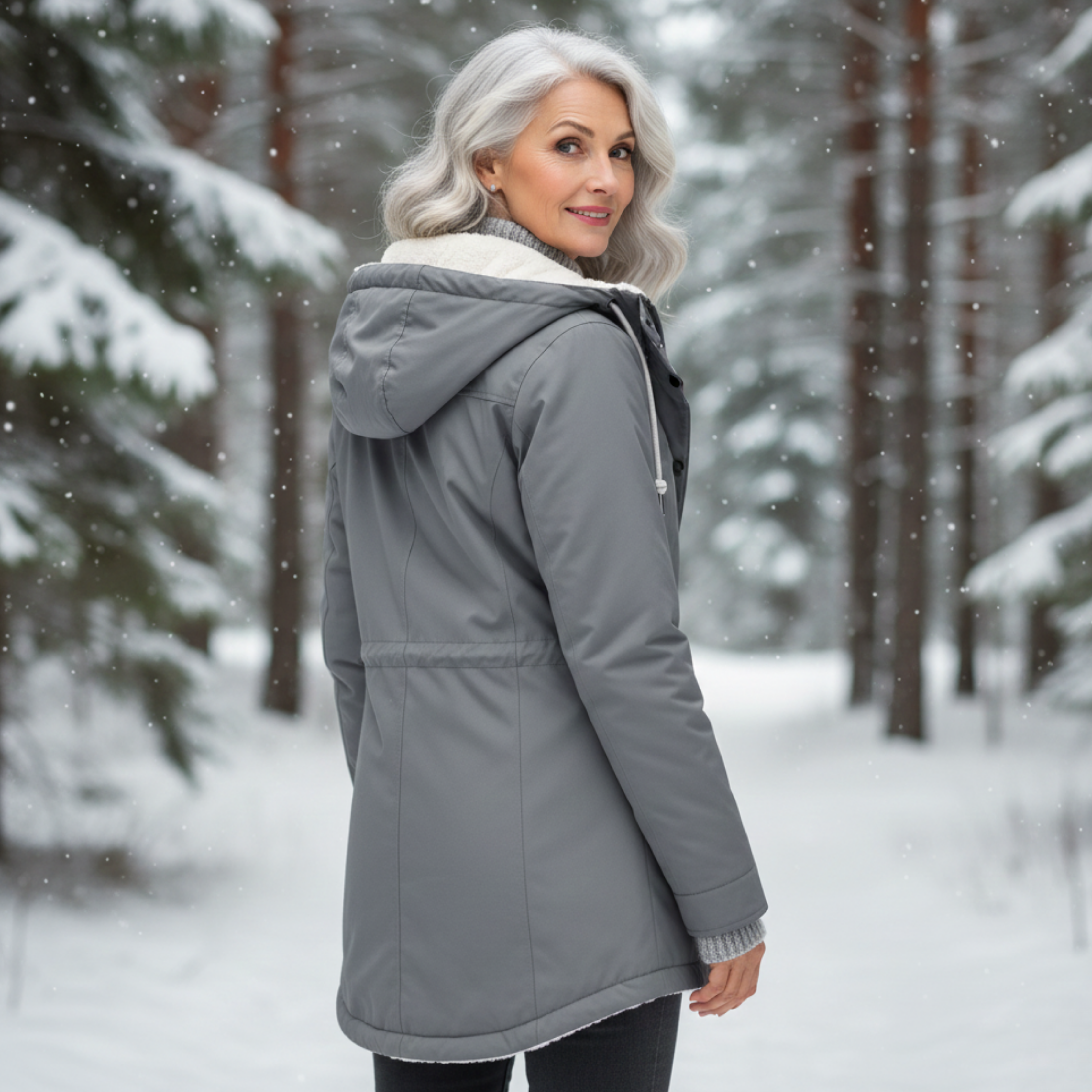 Veste élégante hivernale gris clair Adeline de Danoir Paris, style classique et chaud, vue de face en taille XS.