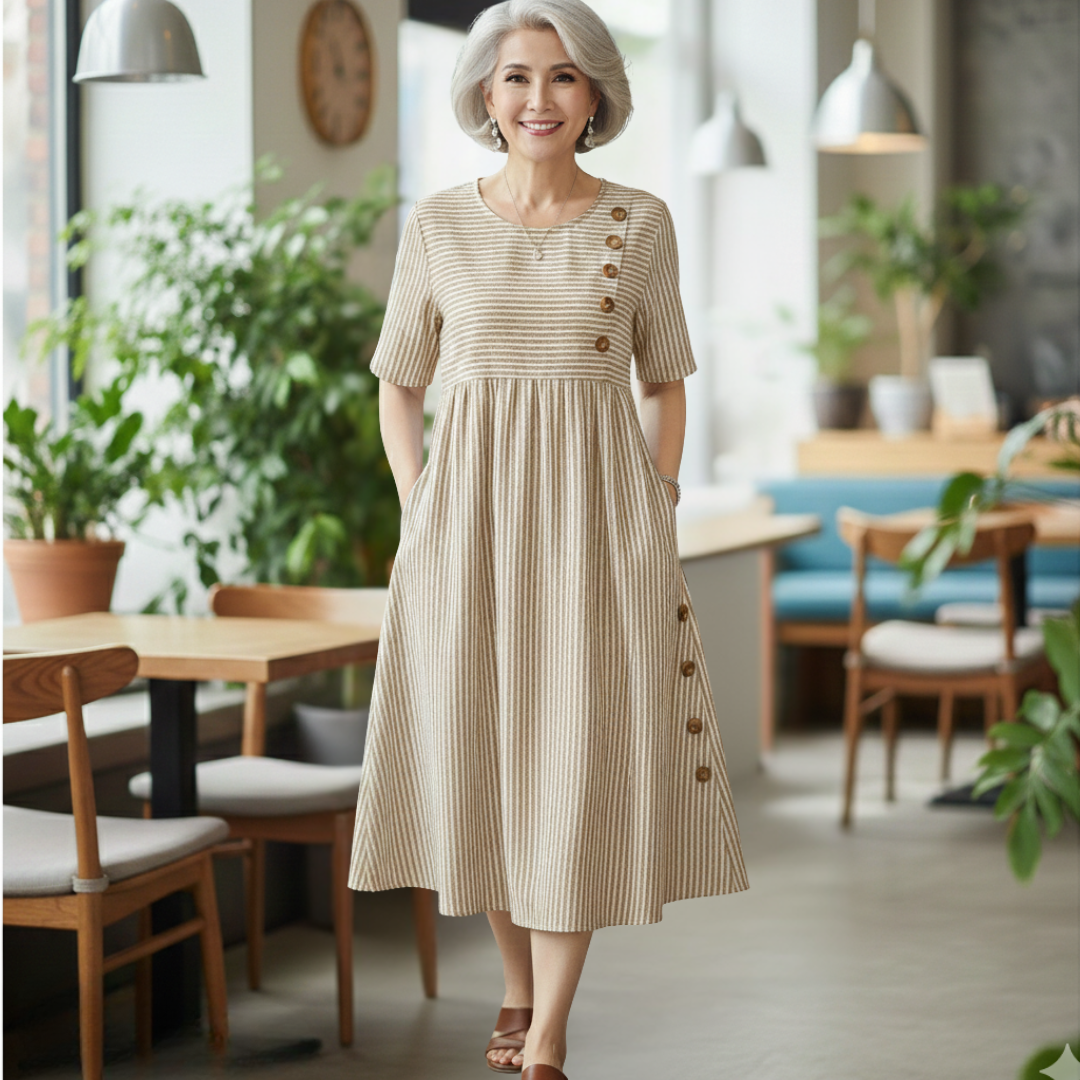 Robe midi rayée Danoir Paris Wanda, robe confortable en tissu léger avec motifs colorés, détails de la mode féminine.