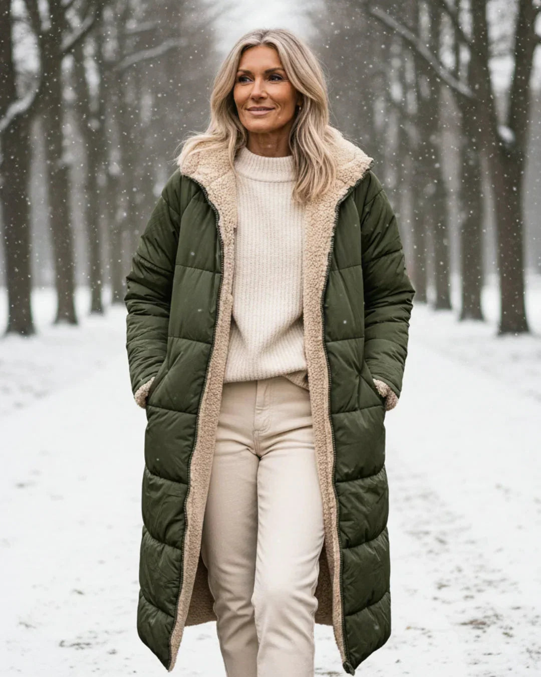 Manteau long réversible Danoir Paris Layla en vert, élégant et chaud, porté par-dessus une tenue chic.
