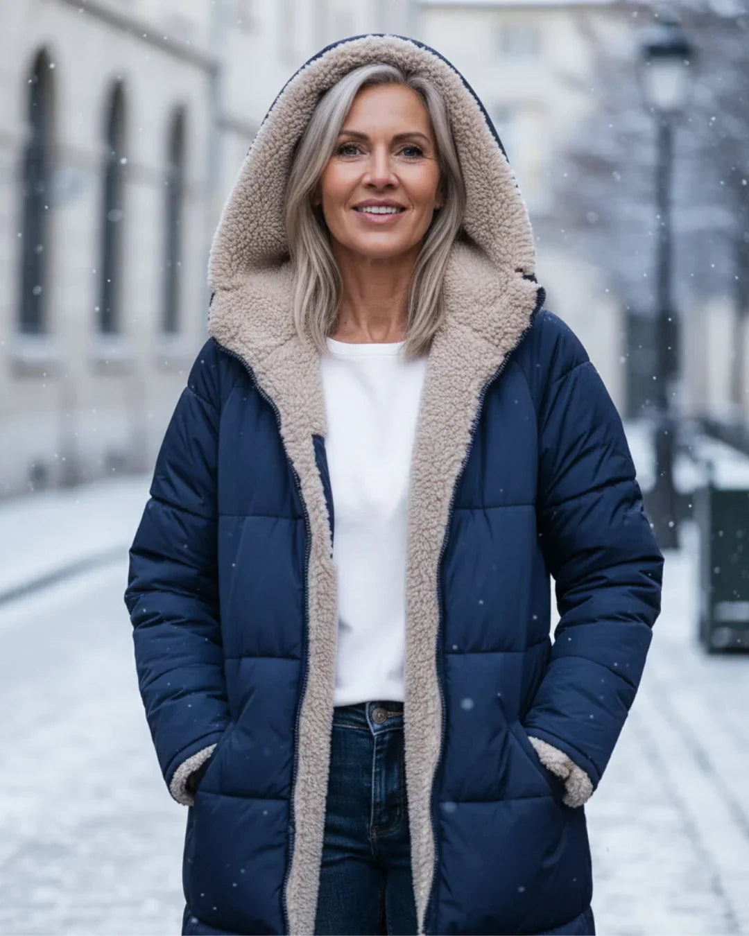 Manteau long réversible vert Danoir Paris Layla, style élégant et classique pour femme, vue en détail.