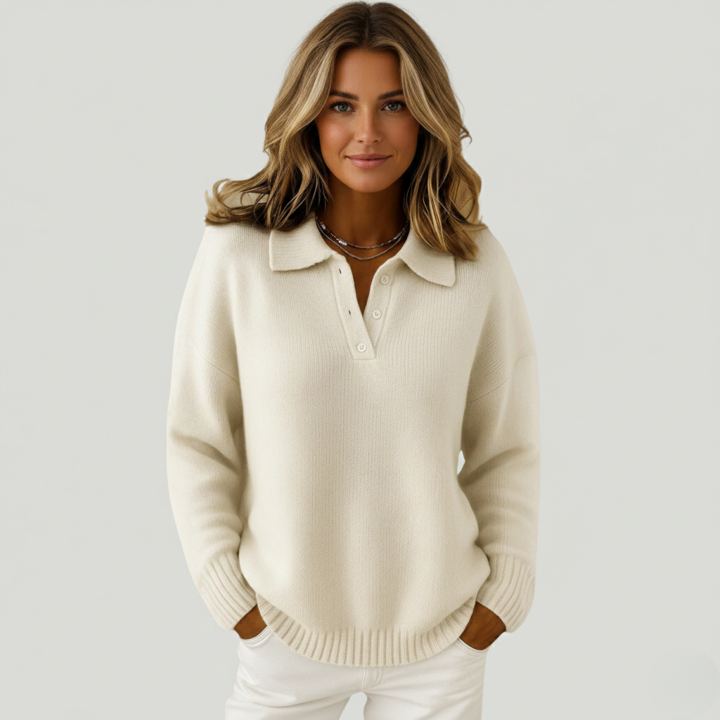 Pull doux chic pour femme en cachemire Danoir Paris, couleur crème, texture douce et élégante, style moderne et confortable.