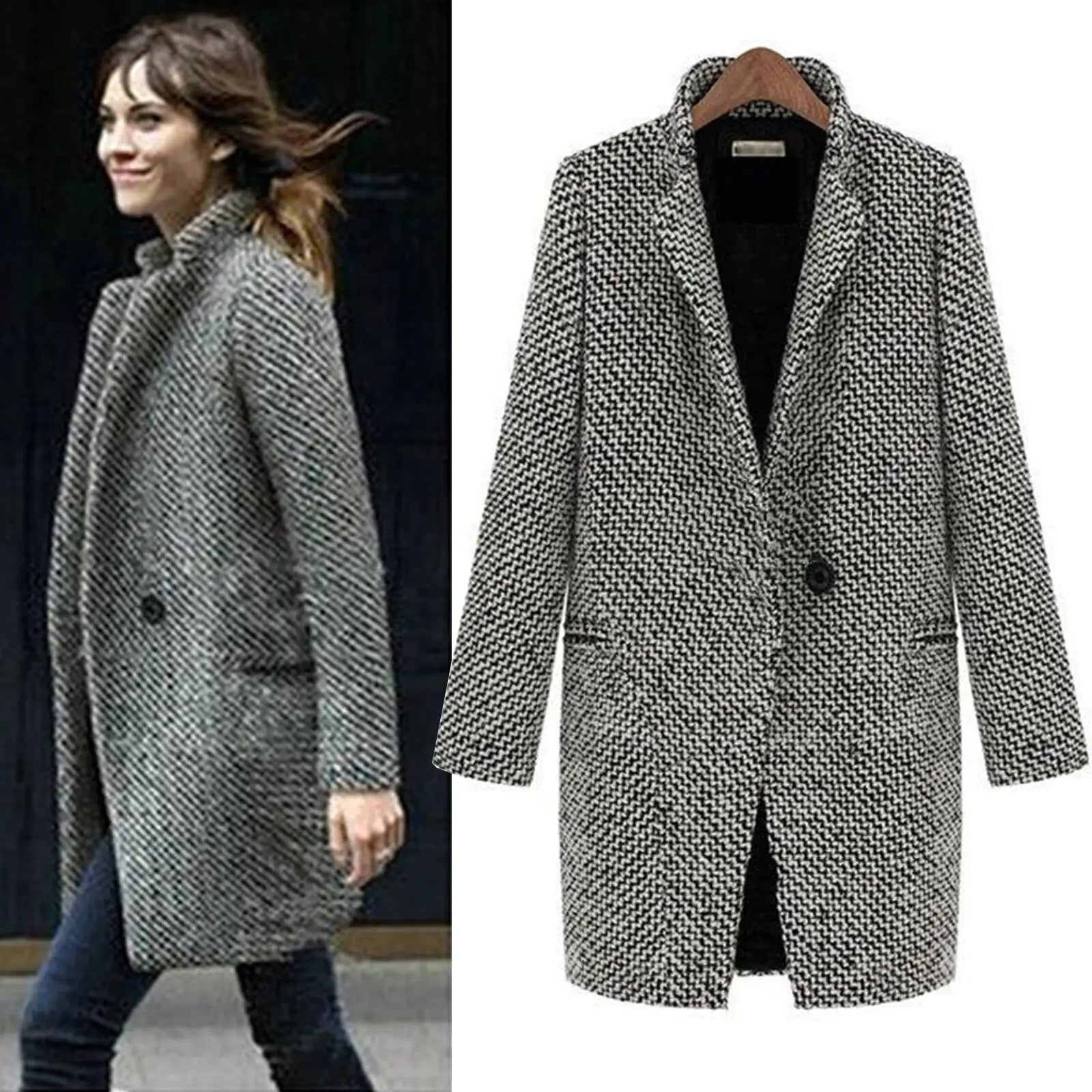 Manteau chic d'hiver Cheska de Danoir Paris en noir et blanc, style élégant, pour femme.