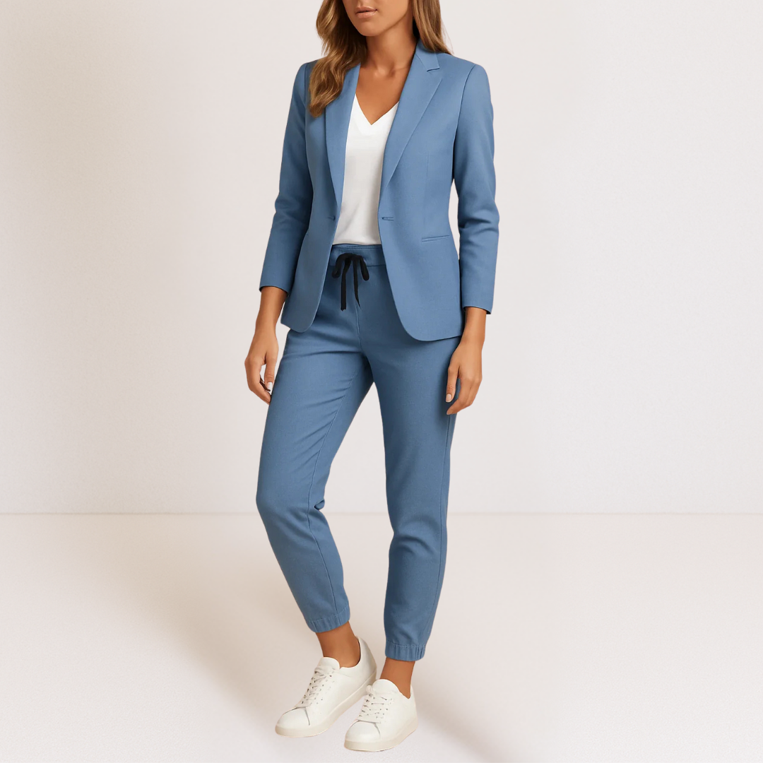Ensemble deux pièces Monique de Danoir Paris, costume élégant bleu avec détails sophistiqués, porté par un mannequin.