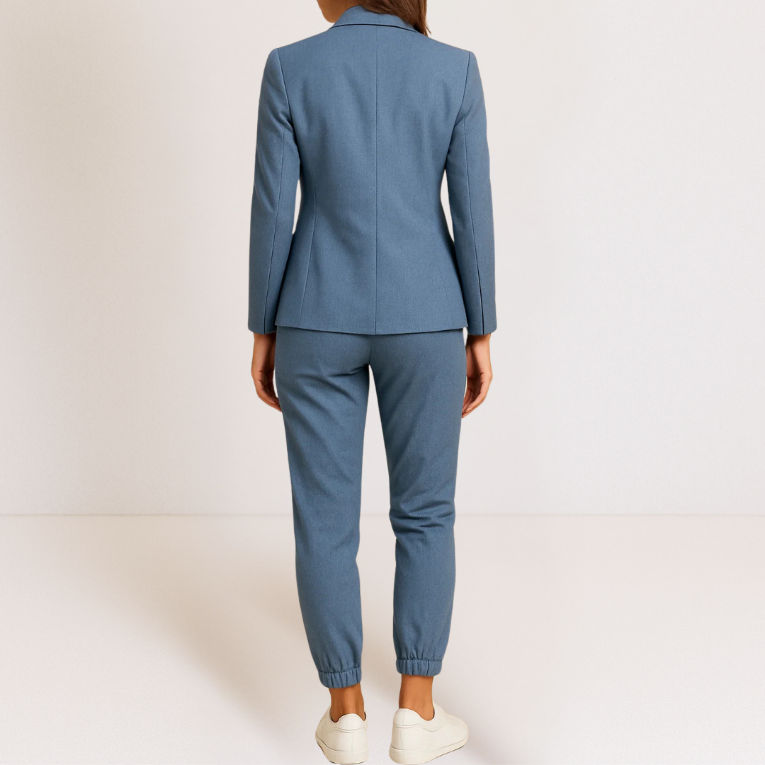 Ensemble deux pièces élégant Monique de Danoir Paris en tissu bleu, costume sophistiqué pour femme.