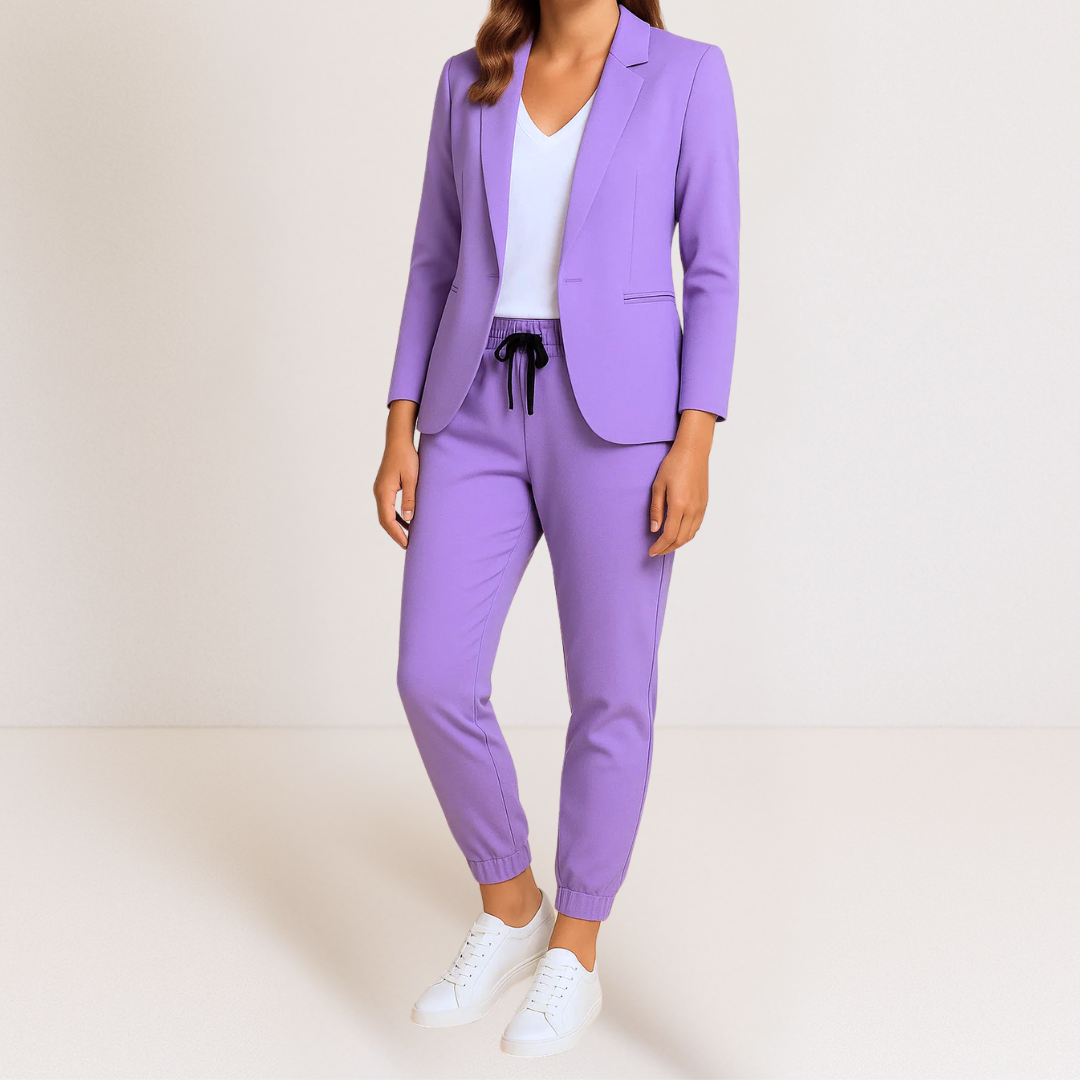 Ensemble deux pièces élégant Monique de Danoir Paris, costume bleu sophistiqué avec détails raffinés pour femme.