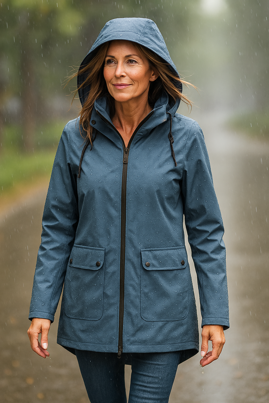 Vêtement imperméable élégant Danoir Paris Arlyn FR902, tissu imperméable, coupe sophistiquée, couleur neutre, détails de finition.