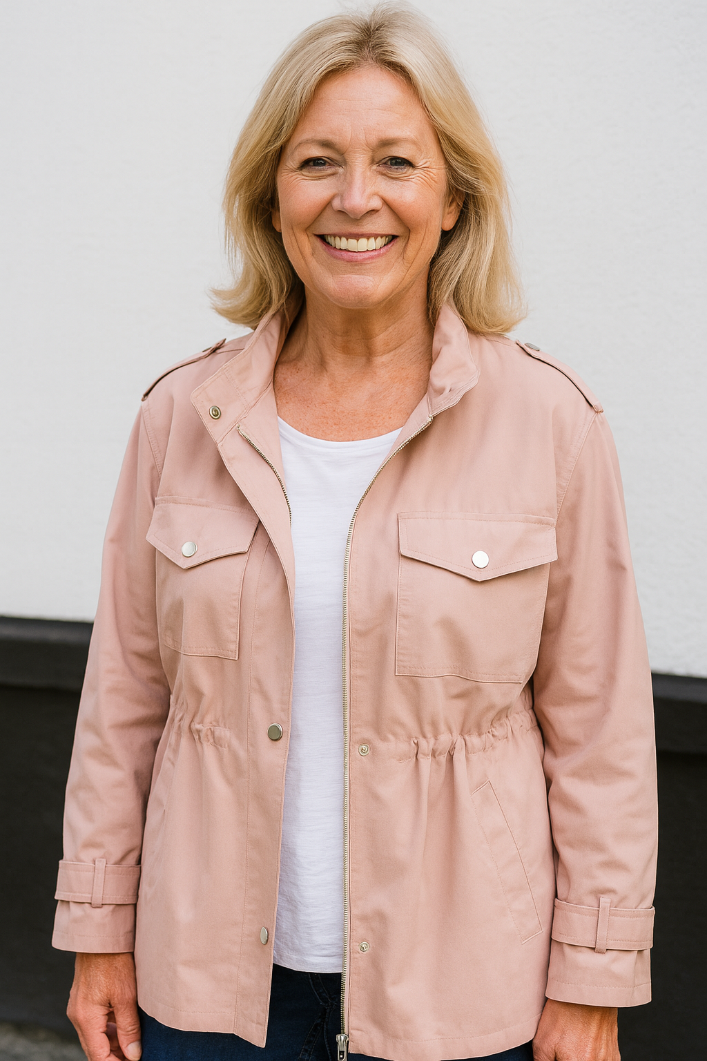Manteau classique Danoir Paris Amélie FR912 en rose, look élégant et confort, vue de face avec col et boutons visibles.