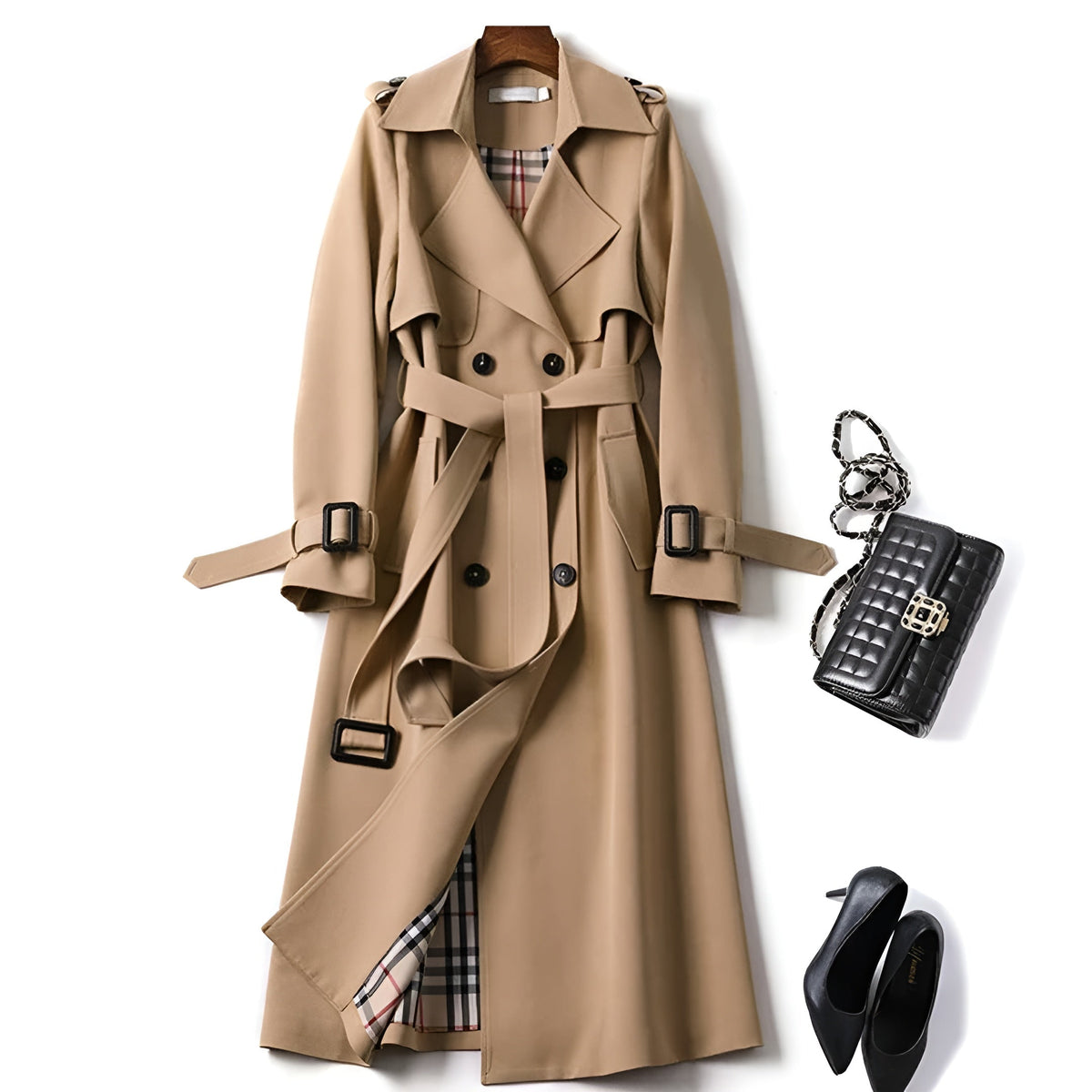 Manteau trench-coat élégant automnal Danoir Paris Helena FR928 beige, vue de face avec col et boutons sophistiqués.