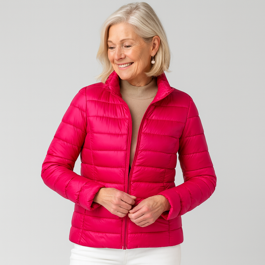 Veste ultra légère élégante Danoir Paris Elin FR939 en rose, vue de face avec détails de la finition et du tissu léger