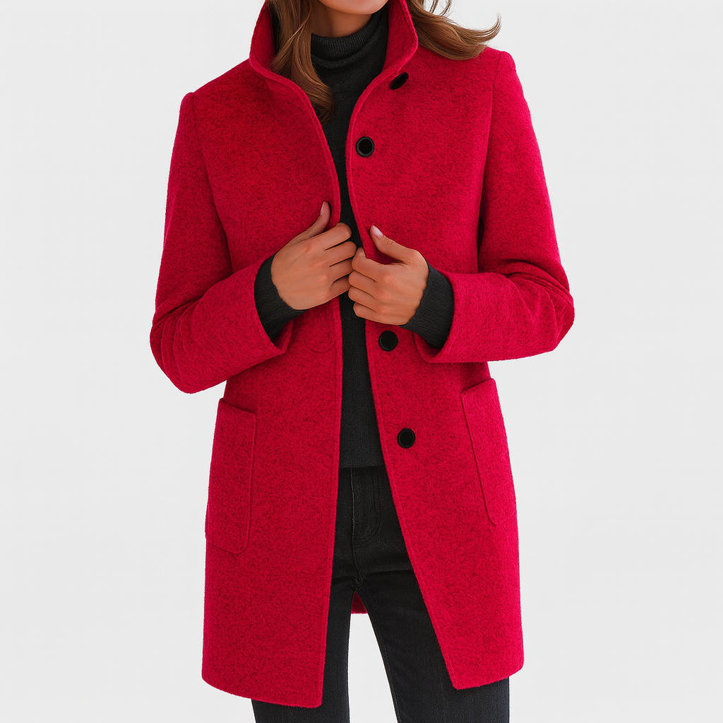 Veste d'hiver élégante Stella de Danoir Paris, coupe moderne, en tissu chaud, couleur noire, vue de face sur mannequin.