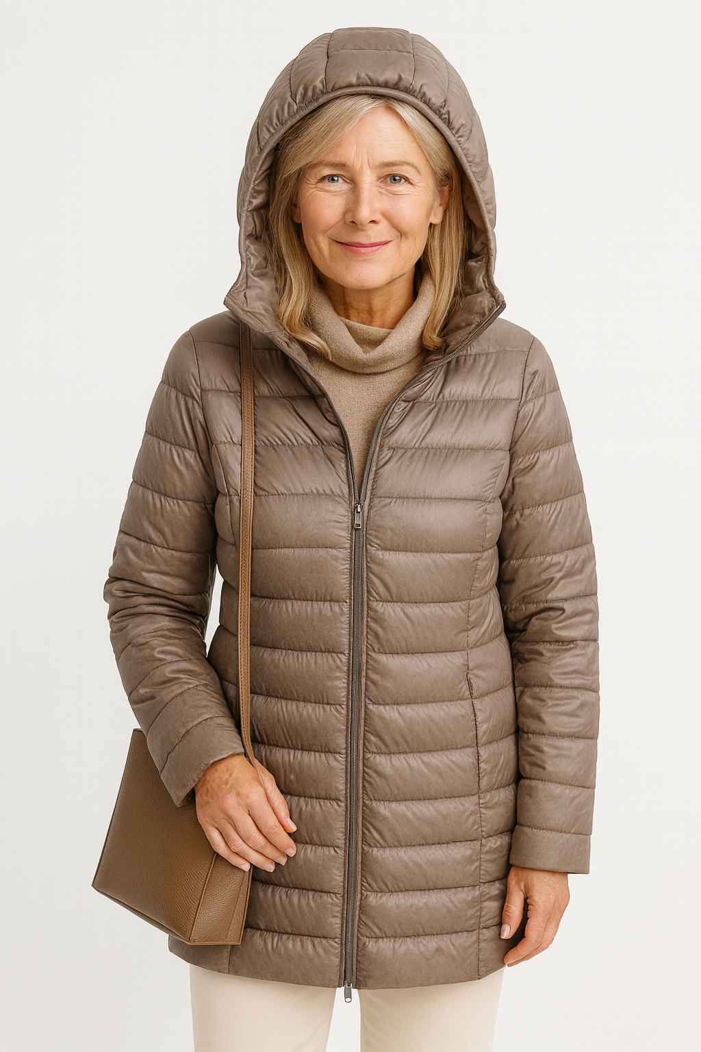 Veste ultra légère Aurora de Danoir Paris, élégante, en bleu, portée sur mannequin, style moderne et sophistiqué.