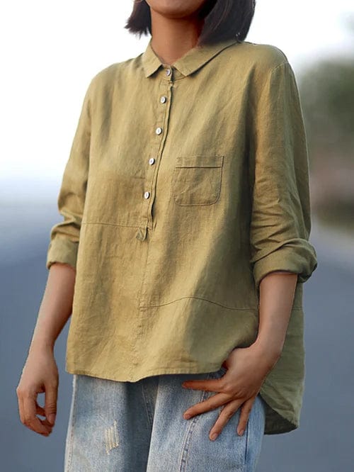 Blouse en lin élégant Danoir Paris Elvie pour l'été, en tissu léger jaune avec col et manches courtes.