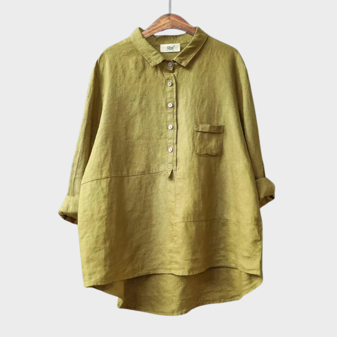 Blouse lin en coton jaune Danoir Paris Elvie, élégante pour l'été, avec décolleté en V et manches courtes.