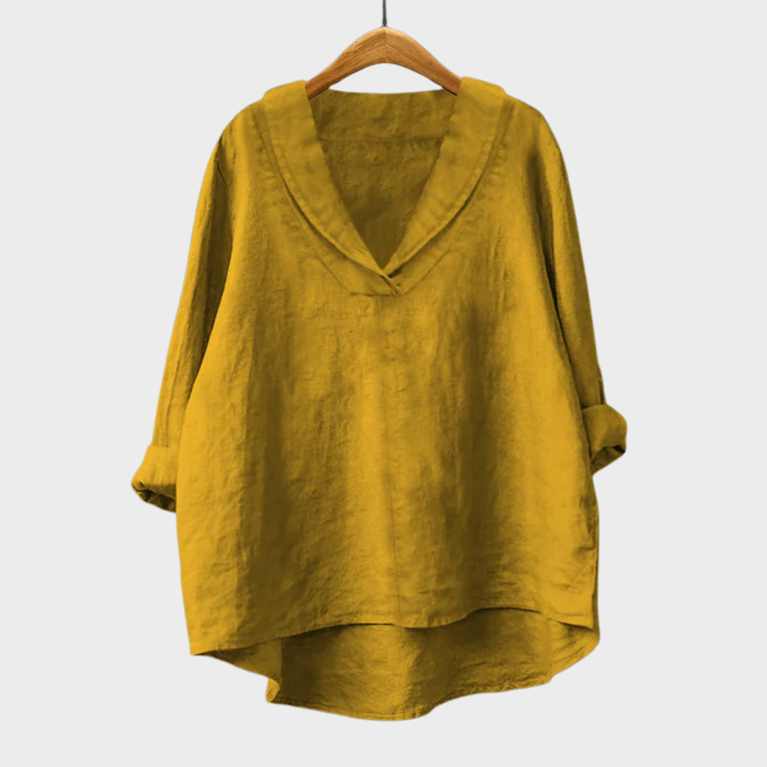 Chemise d'été en lin jaune Samantha de Danoir Paris, coupe élégante et légère pour femmes.