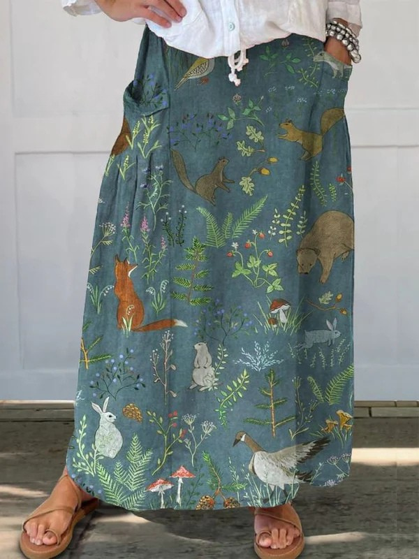Jupe décontractée Rosil™ Danoir Paris, motif floral rétro avec animaux et poches, verte