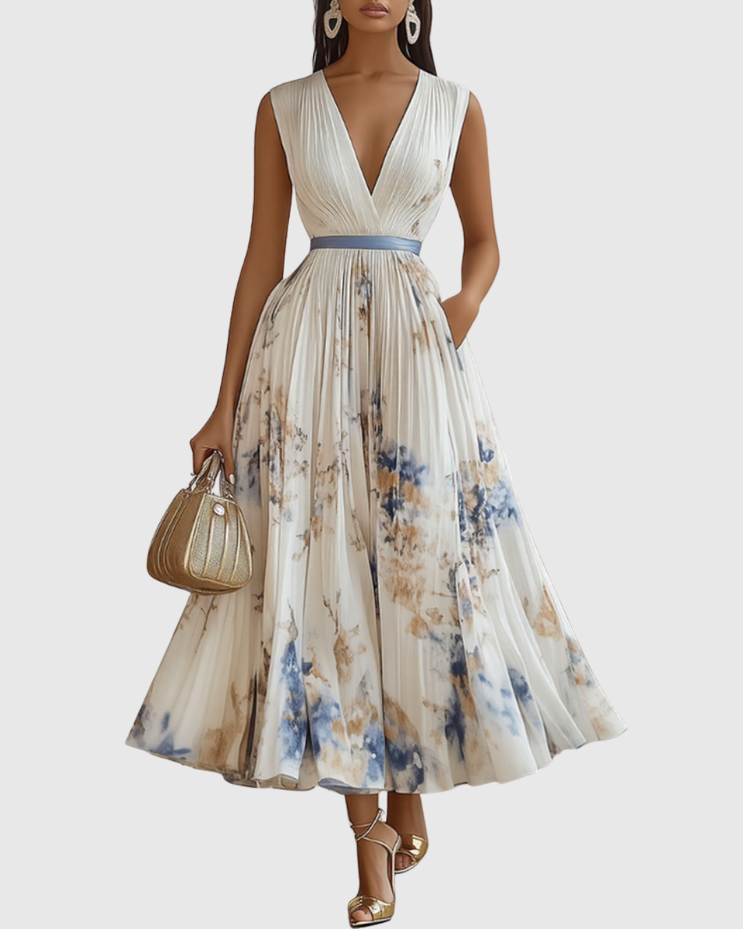 Robe longue plissée élégante Rowella de Danoir Paris en vert, vue de face, détails du tissu fluide et design sophistiqué.